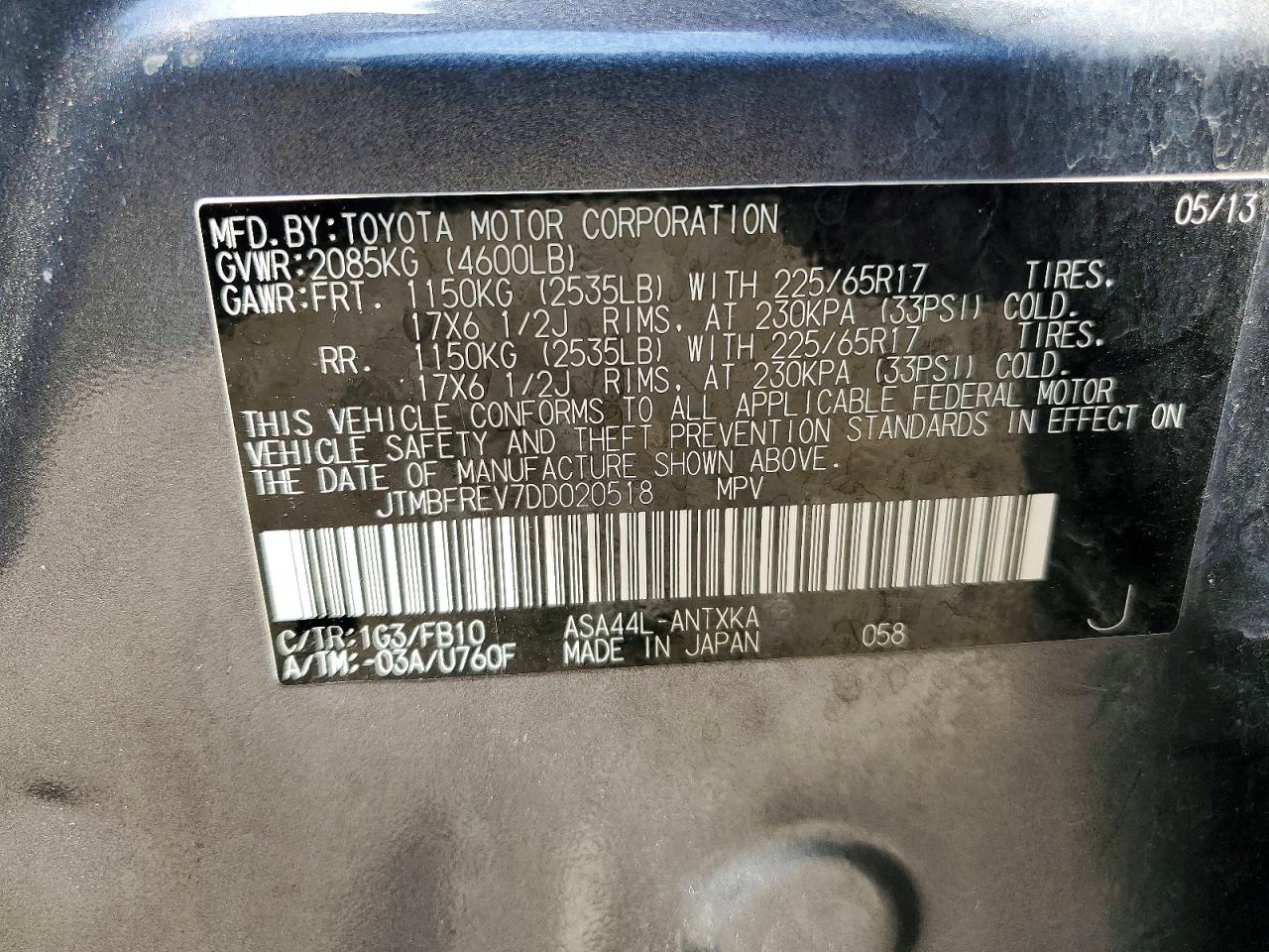 2013 Toyota Rav4 Le Charcoal vin: JTMBFREV7DD020518