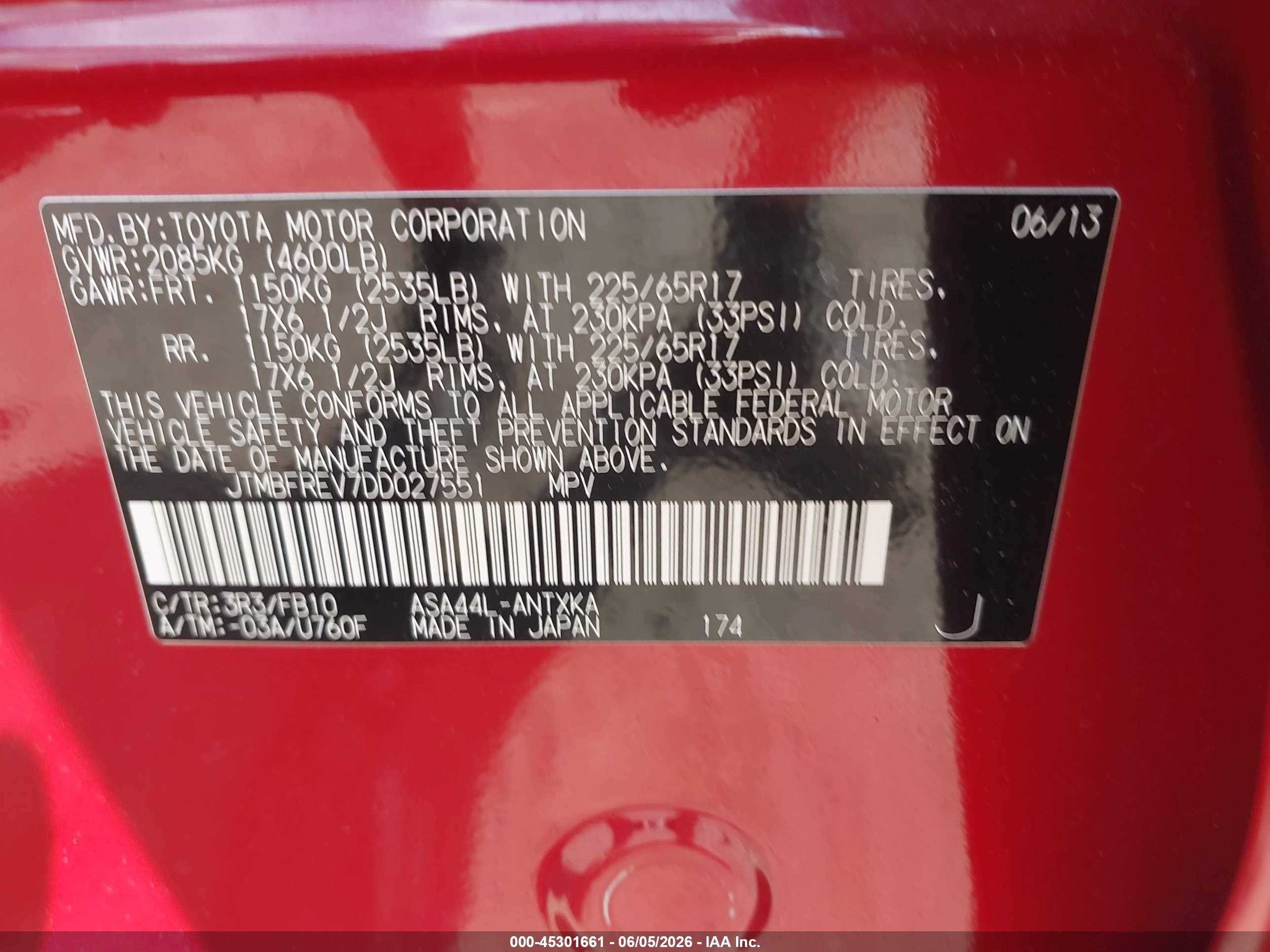 2013 Toyota Rav4 Le Red vin: JTMBFREV7DD027551