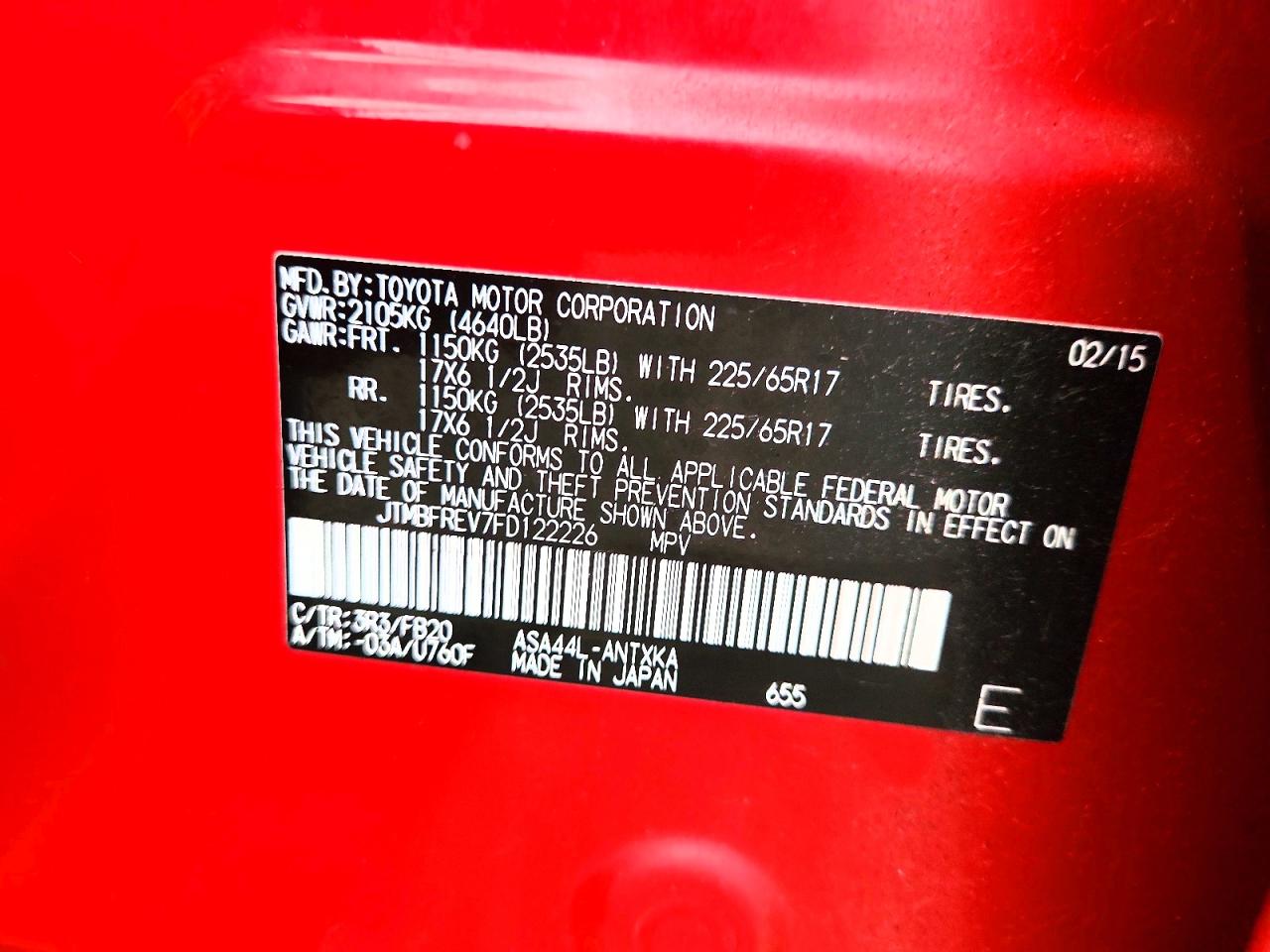 2015 Toyota Rav4 Le Red vin: JTMBFREV7FD122226