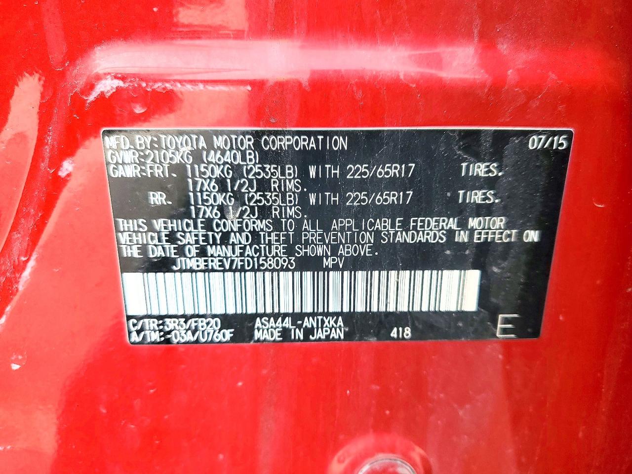 2015 Toyota Rav4 Le Red vin: JTMBFREV7FD158093