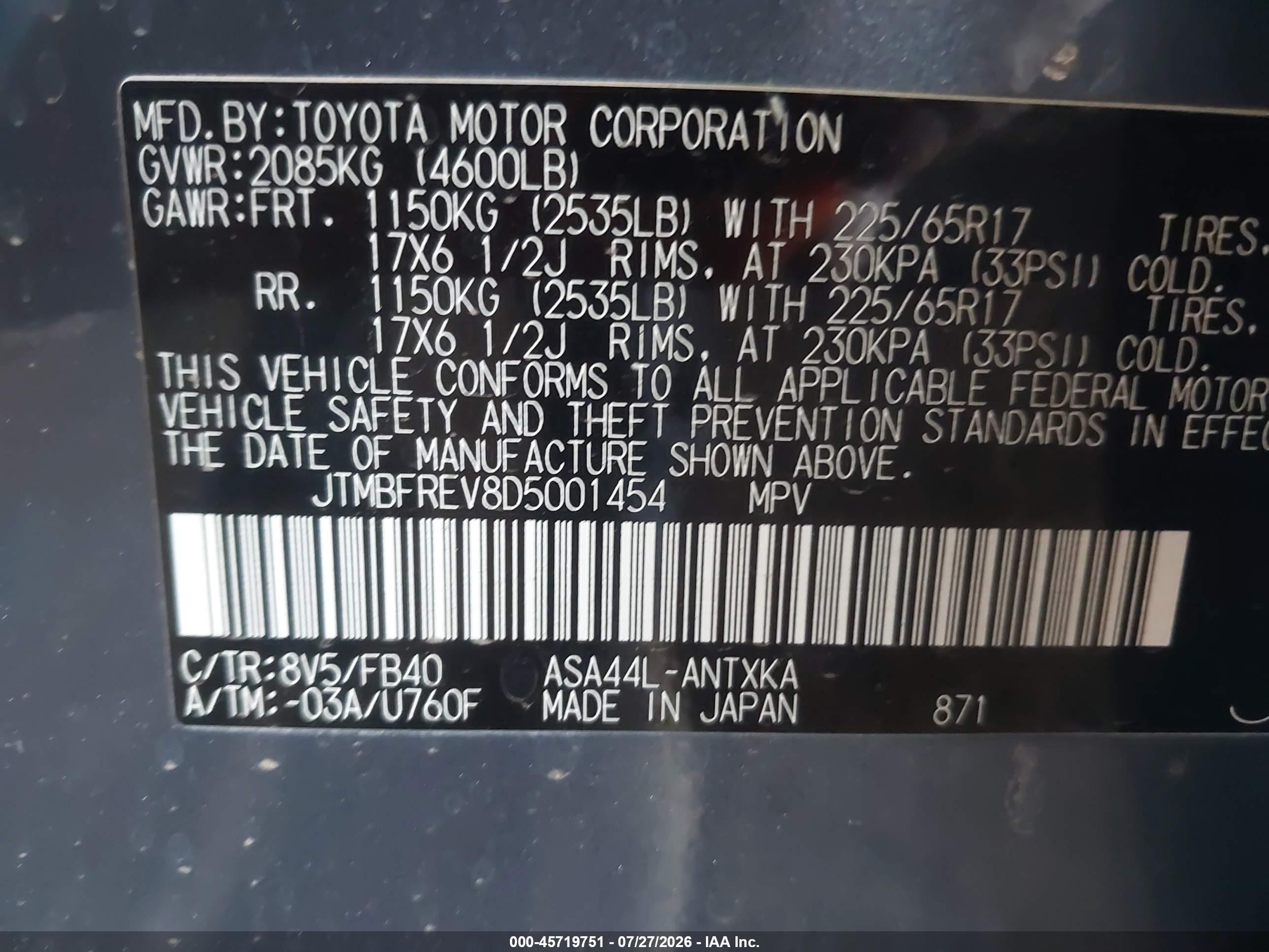 2013 Toyota Rav4 Le Blue vin: JTMBFREV8D5001454