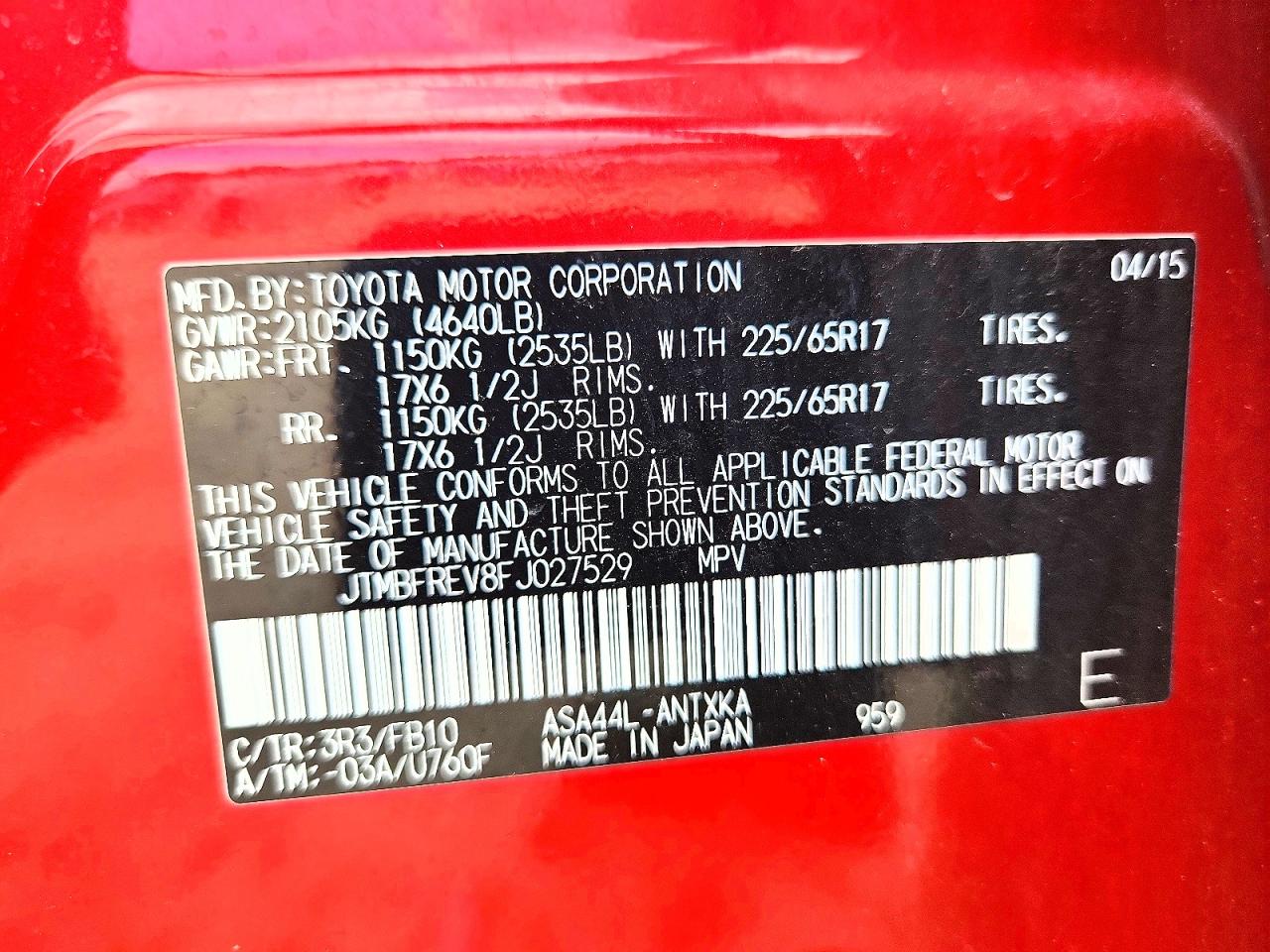 2015 Toyota Rav4 Le Red vin: JTMBFREV8FJ027529