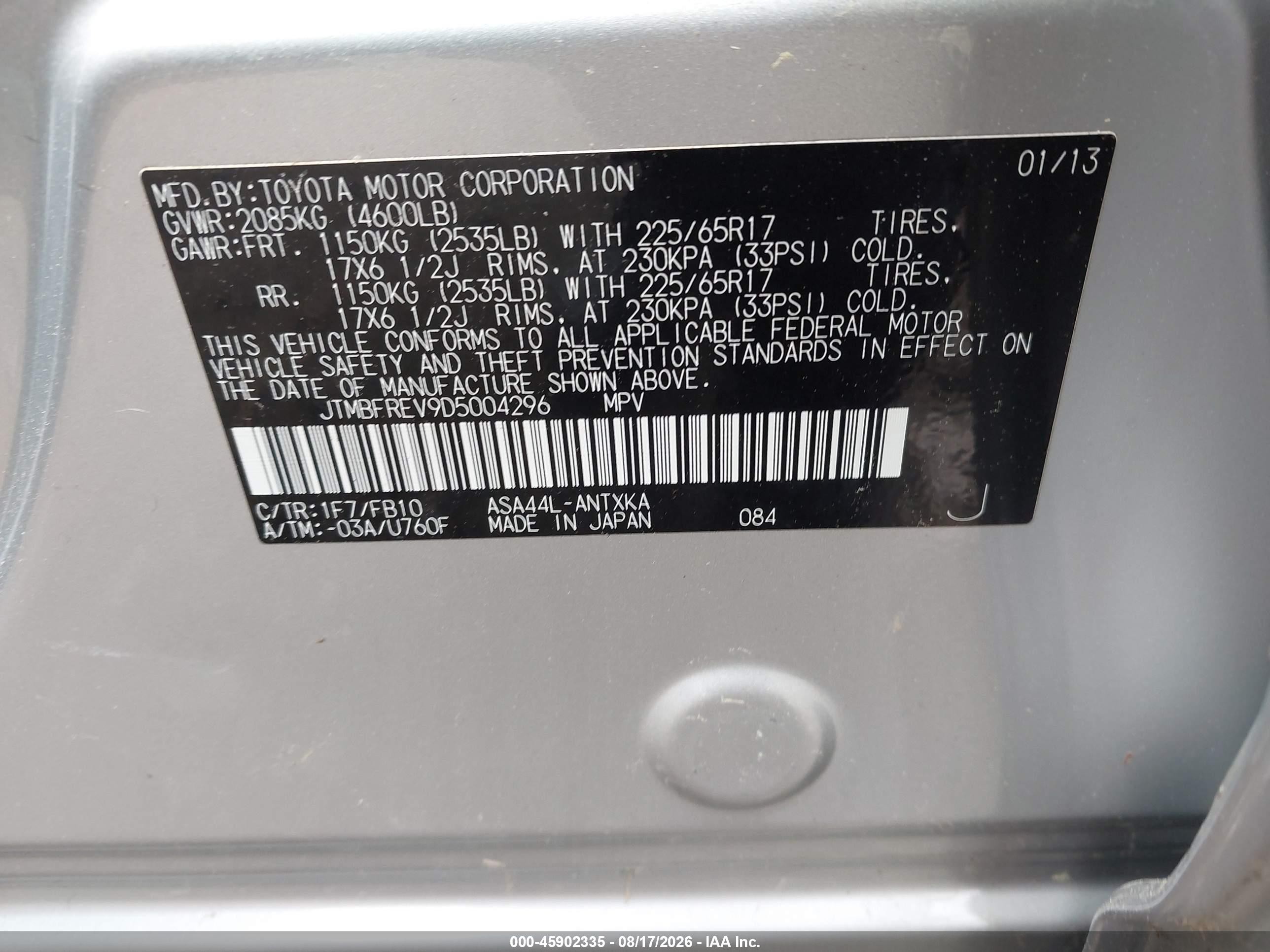 2013 Toyota Rav4 Le Silver vin: JTMBFREV9D5004296