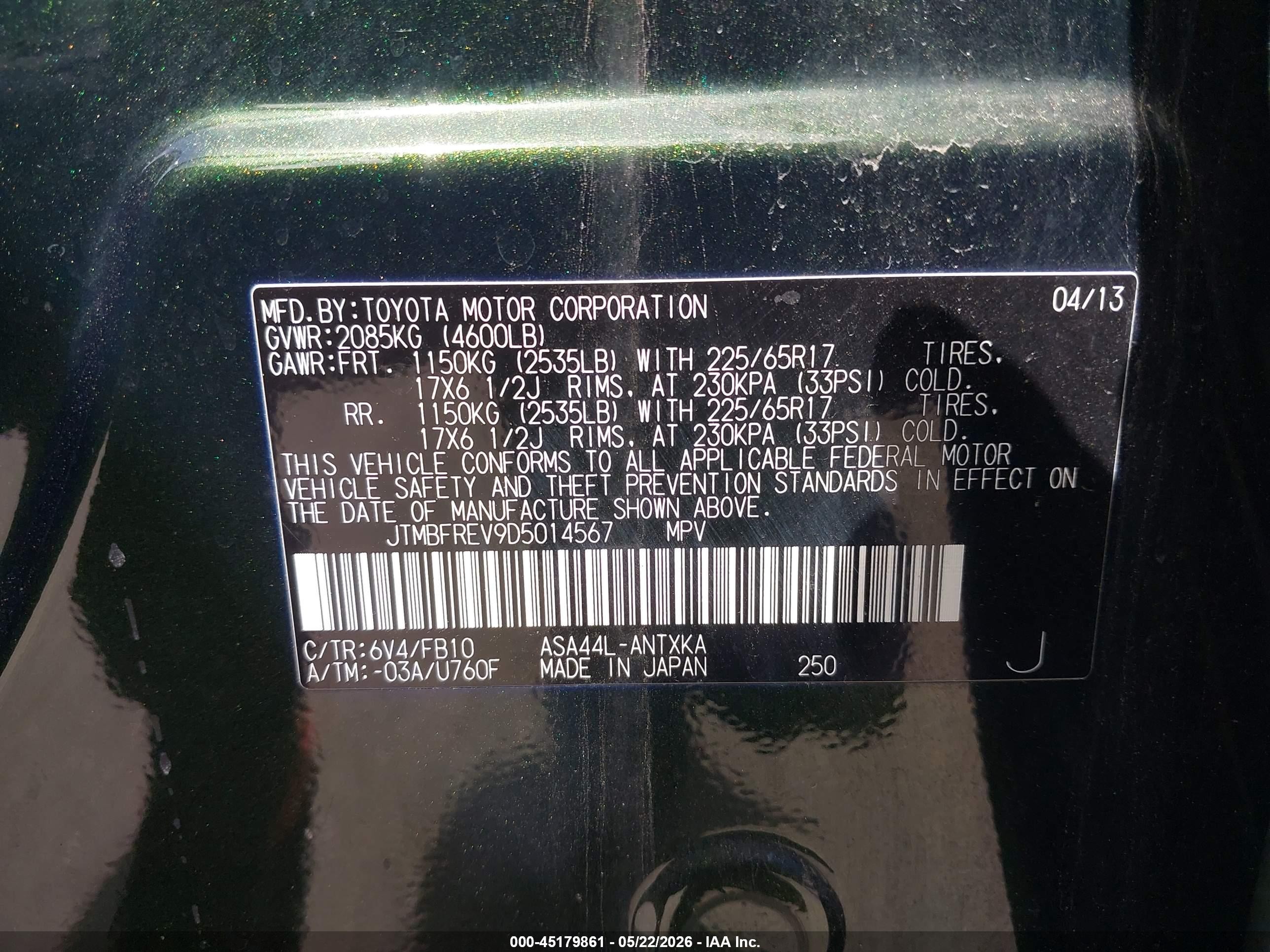 2013 Toyota Rav4 Le Green vin: JTMBFREV9D5014567