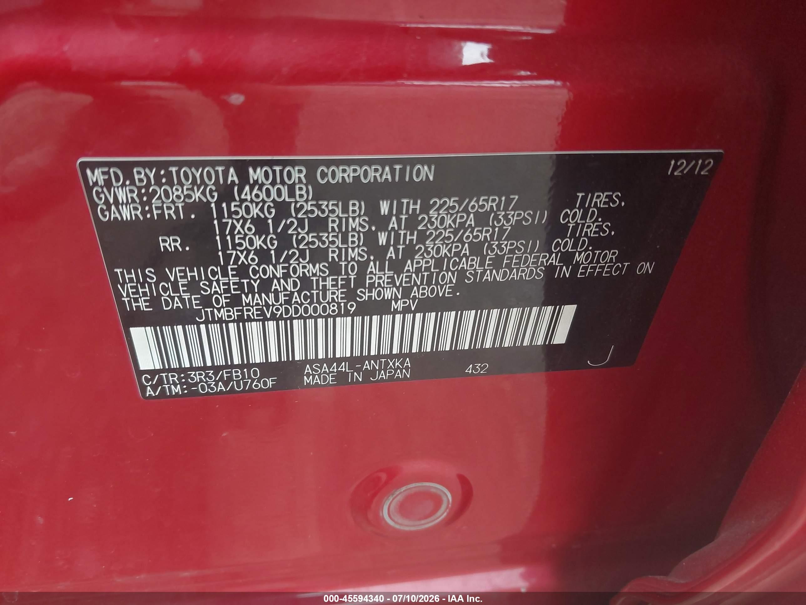 2013 Toyota Rav4 Le Red vin: JTMBFREV9DD000819