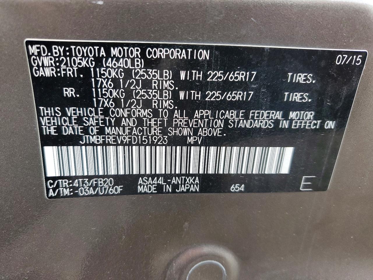 2015 Toyota Rav4 Le Green vin: JTMBFREV9FD151923