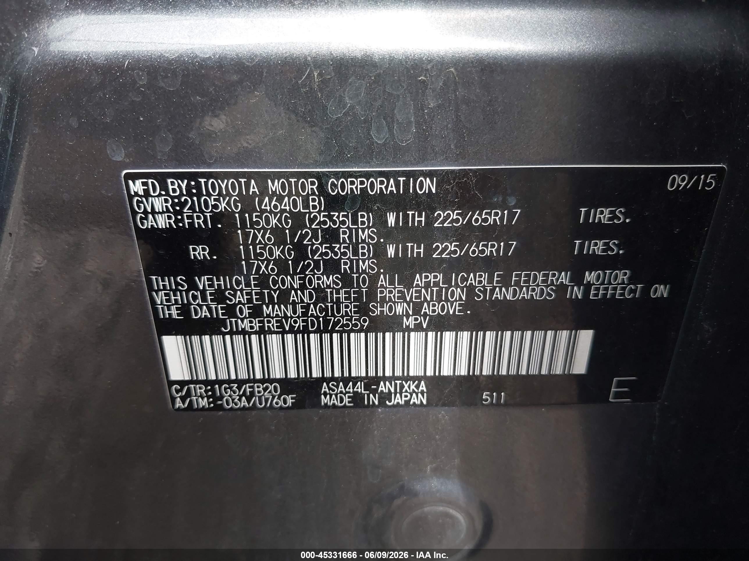 2015 Toyota Rav4 Le Gray vin: JTMBFREV9FD172559