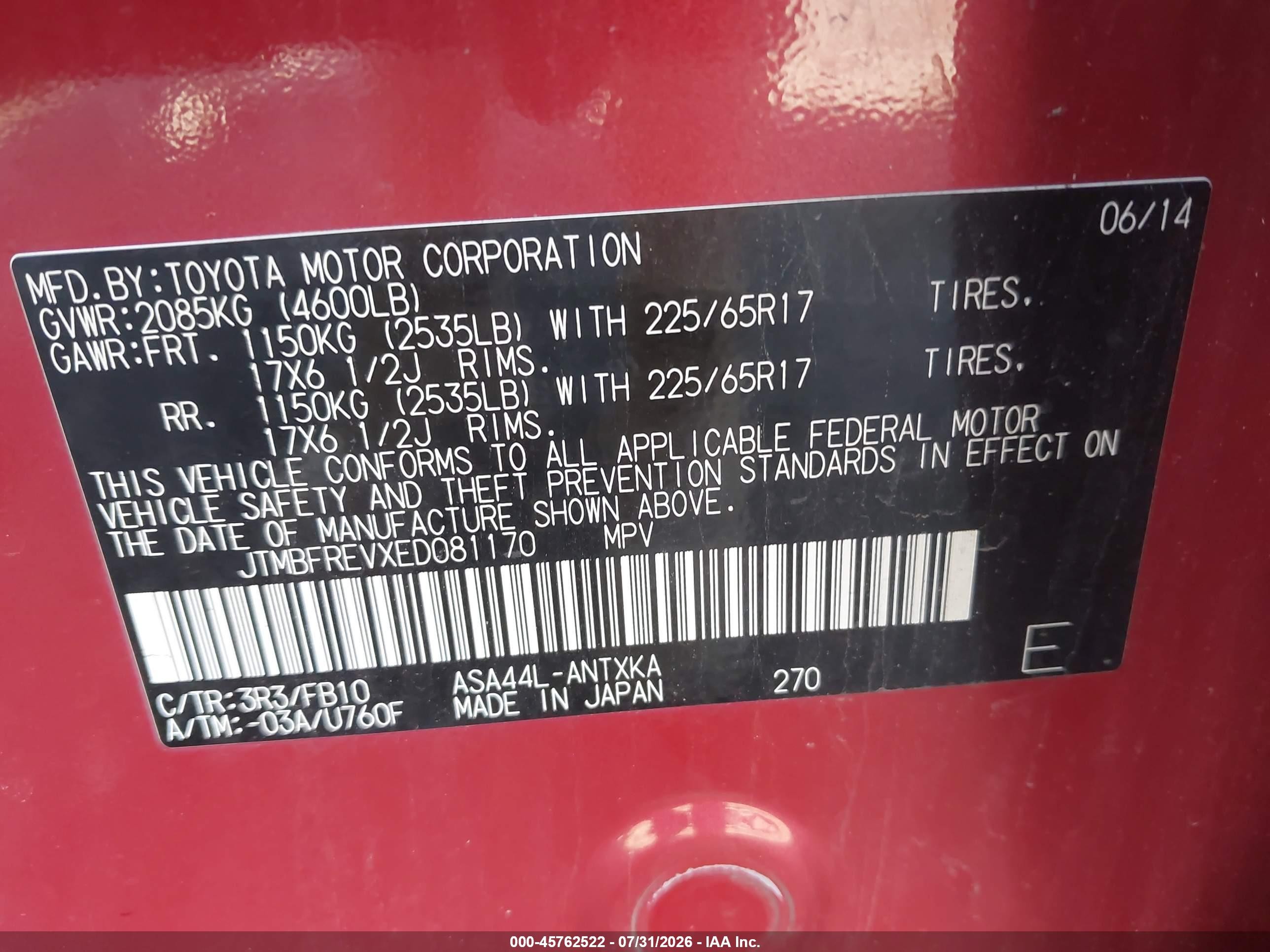 2014 Toyota Rav4 Le Red vin: JTMBFREVXED081170