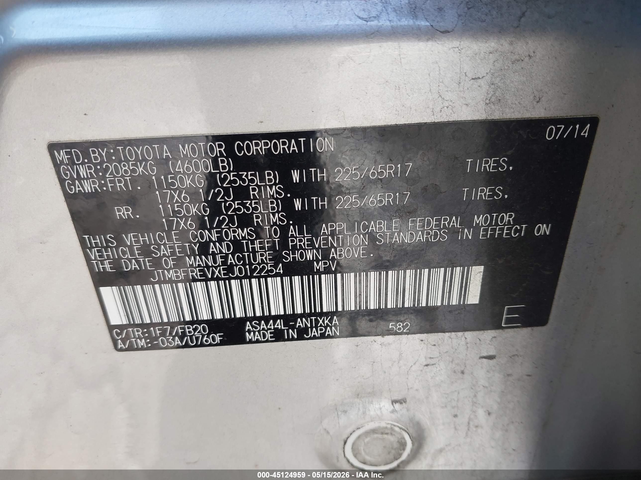 2014 Toyota Rav4 Le Silver vin: JTMBFREVXEJ012254