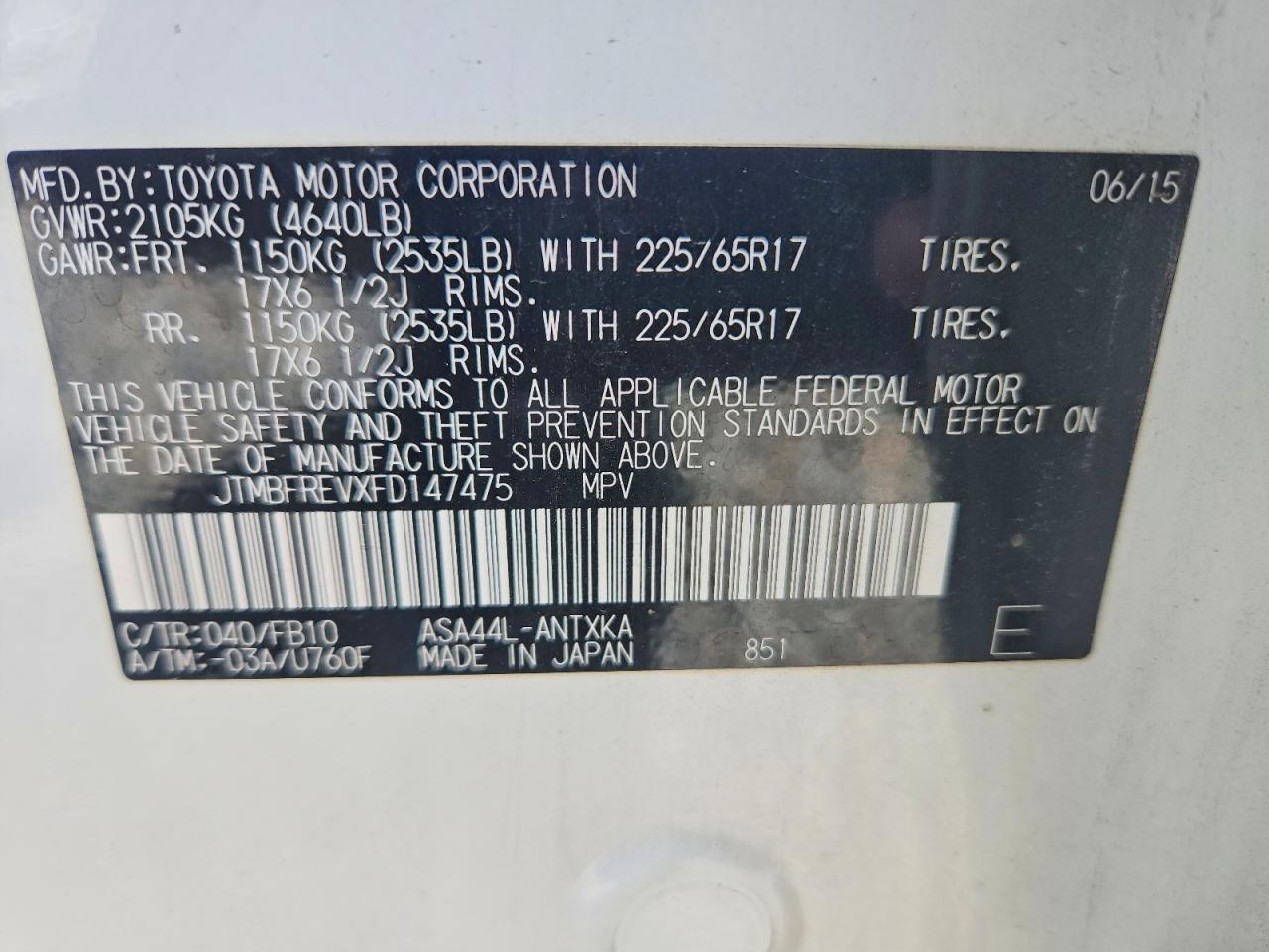 2015 Toyota Rav4 Le White vin: JTMBFREVXFD147475