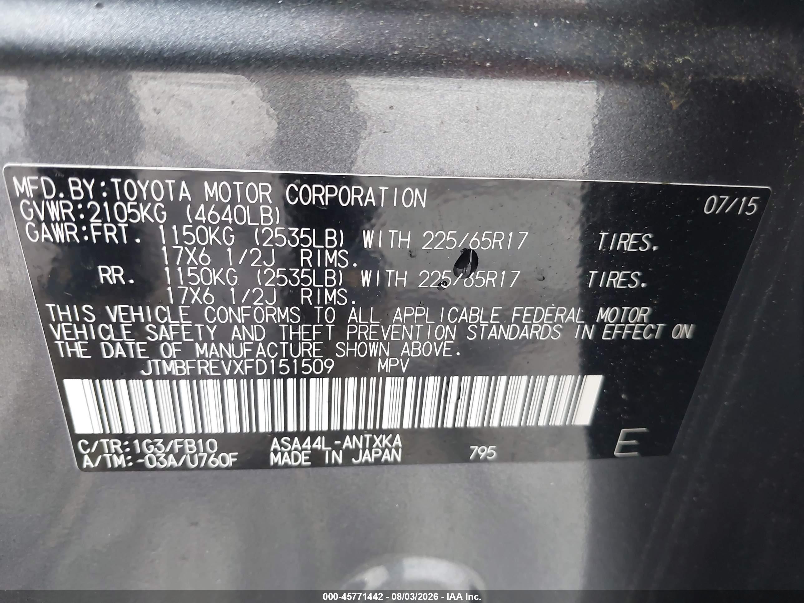 2015 Toyota Rav4 Le Gray vin: JTMBFREVXFD151509
