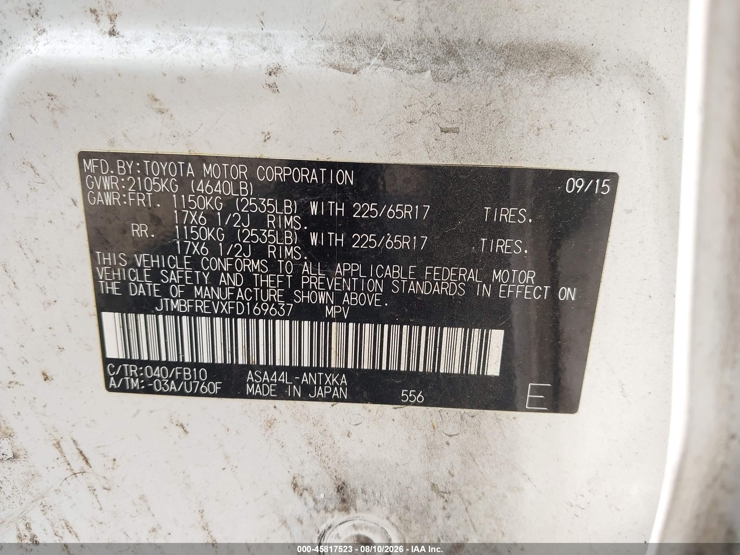 2015 Toyota Rav4 Le White vin: JTMBFREVXFD169637