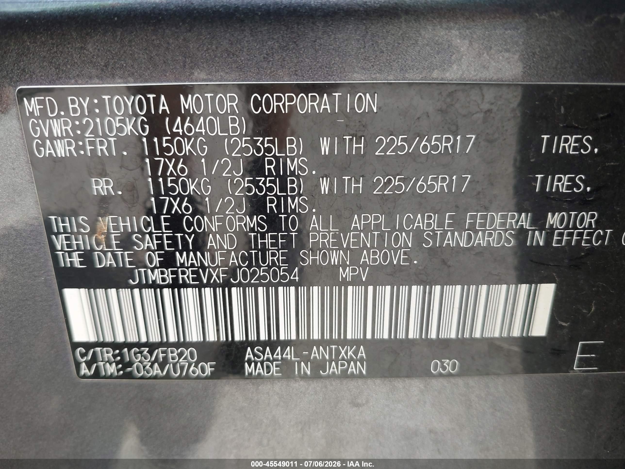 2015 Toyota Rav4 Le Gray vin: JTMBFREVXFJ025054
