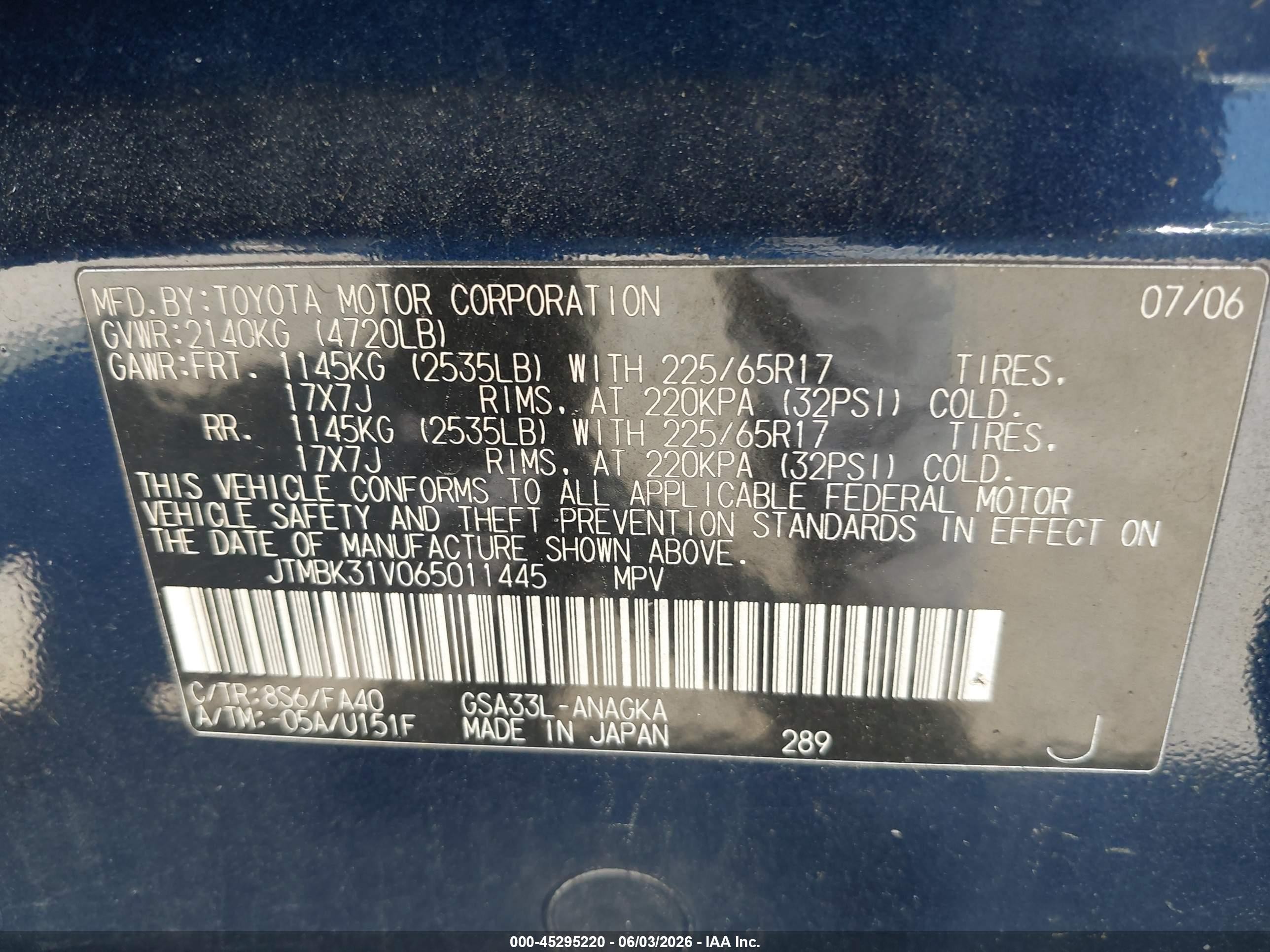 2006 Toyota Rav4 Limited V6 Dark Blue vin: JTMBK31V065011445