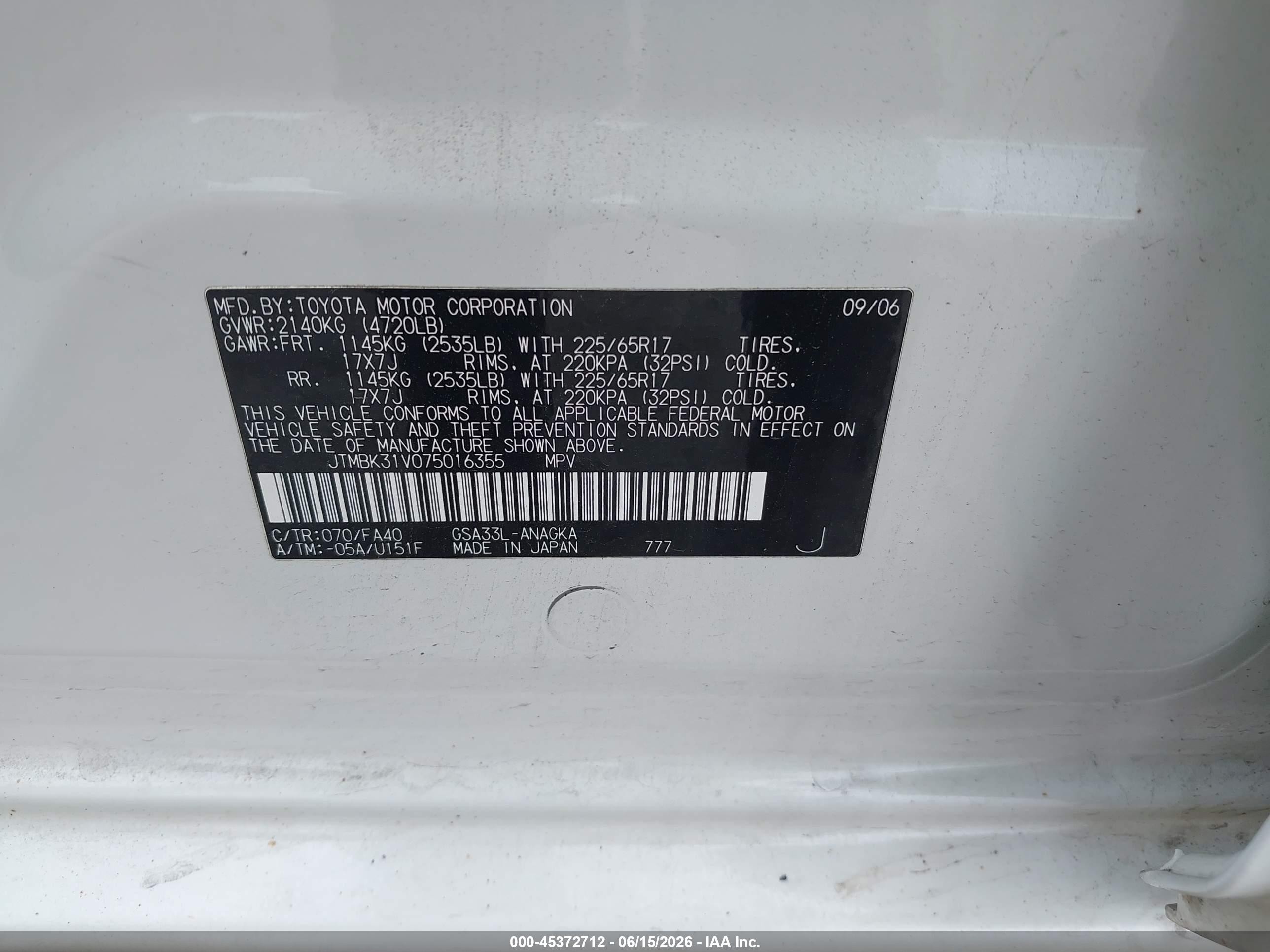 2007 Toyota Rav4 Limited V6 White vin: JTMBK31V075016355