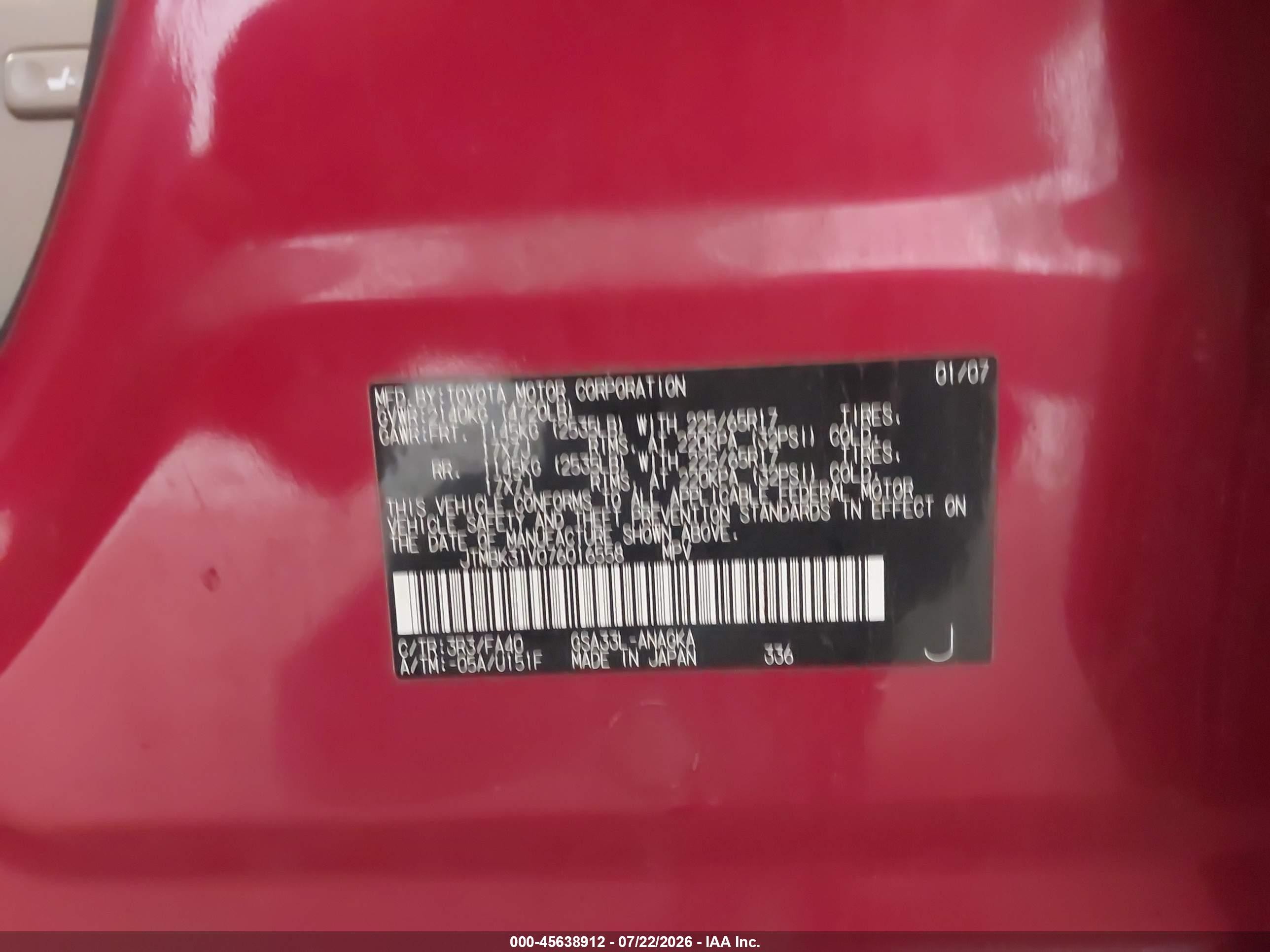 2007 Toyota Rav4 Limited Red vin: JTMBK31V076016558