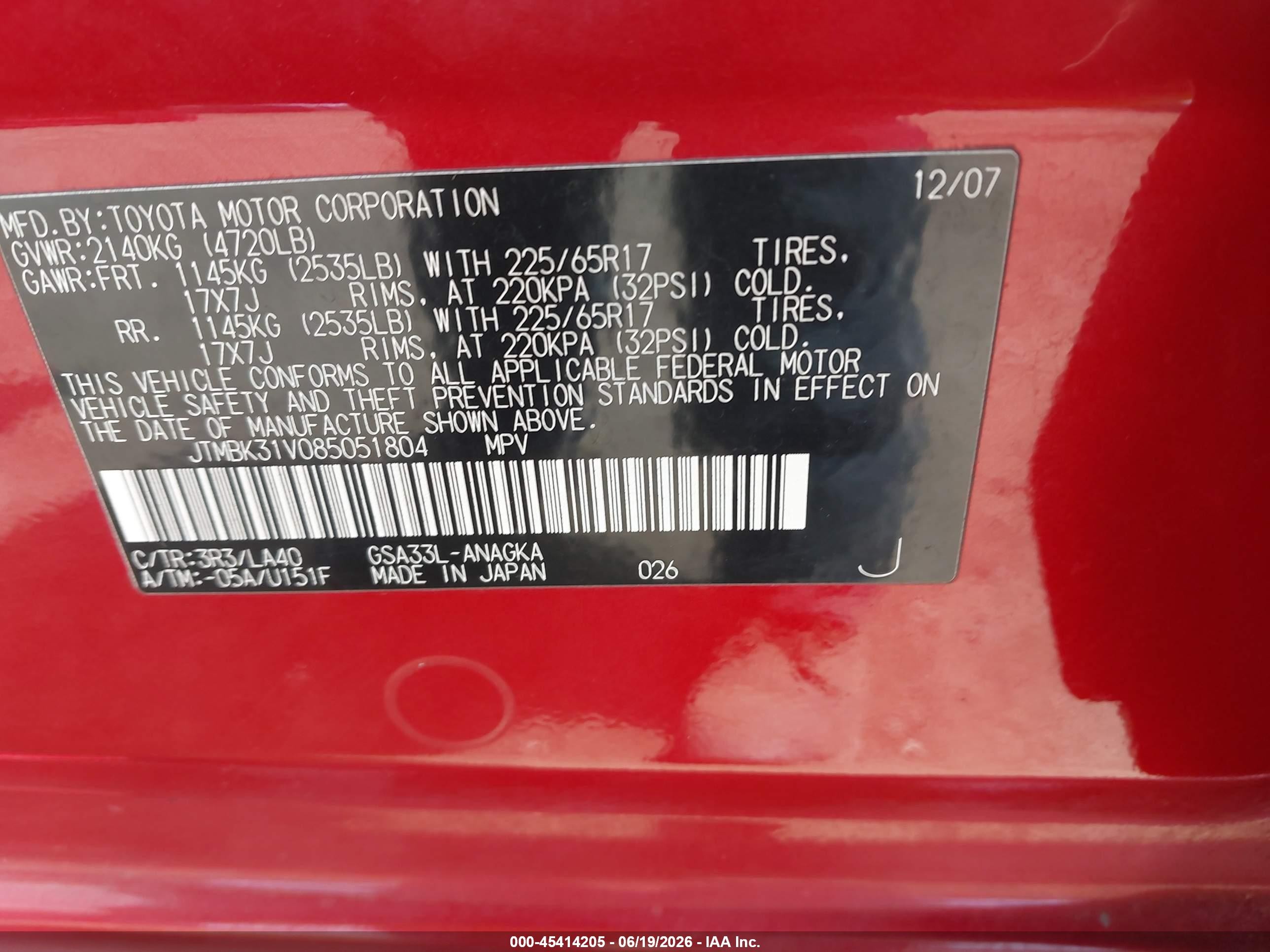2008 Toyota Rav4 Limited V6 Red vin: JTMBK31V085051804