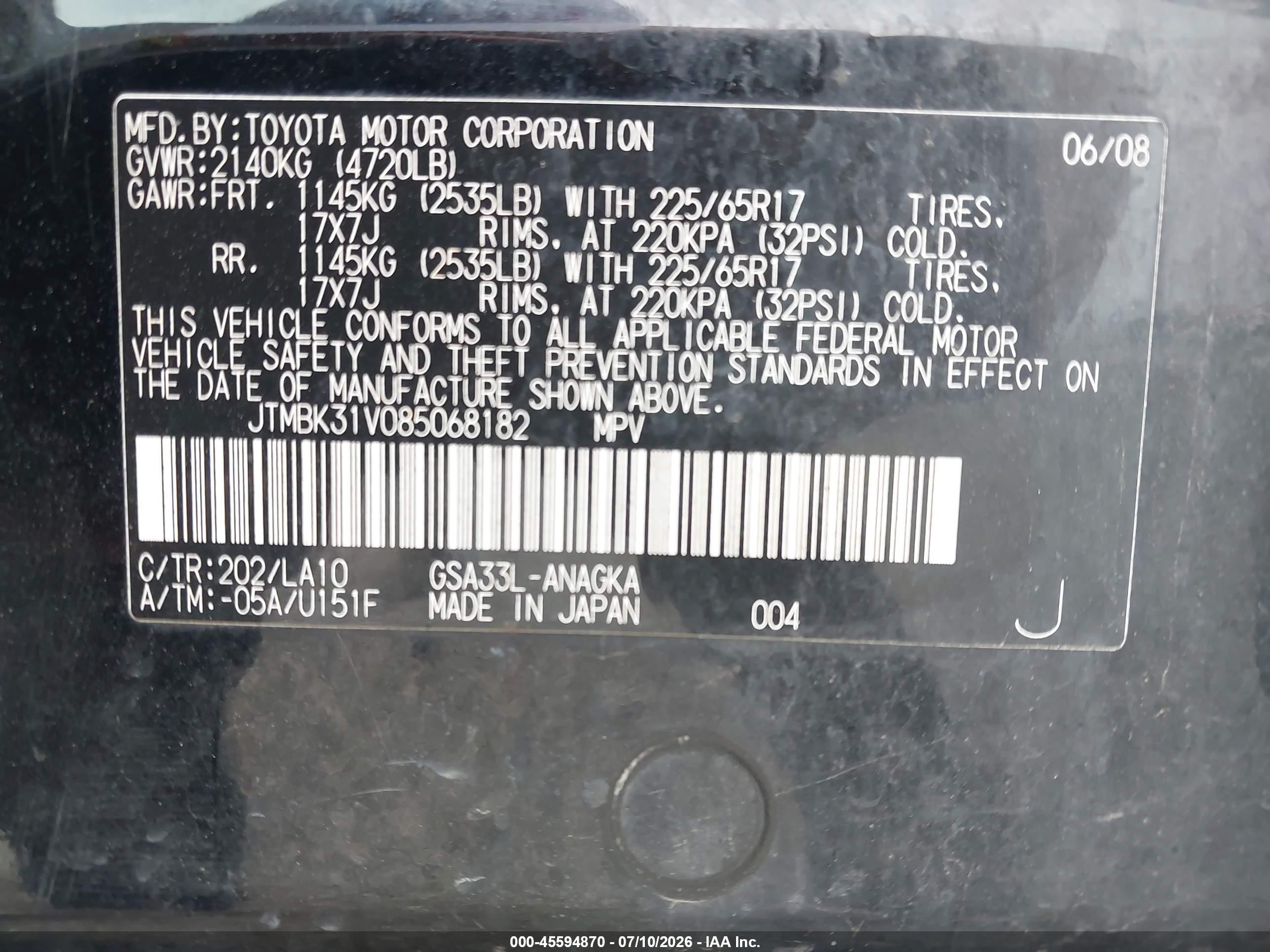 2008 Toyota Rav4 Ltd Black vin: JTMBK31V085068182