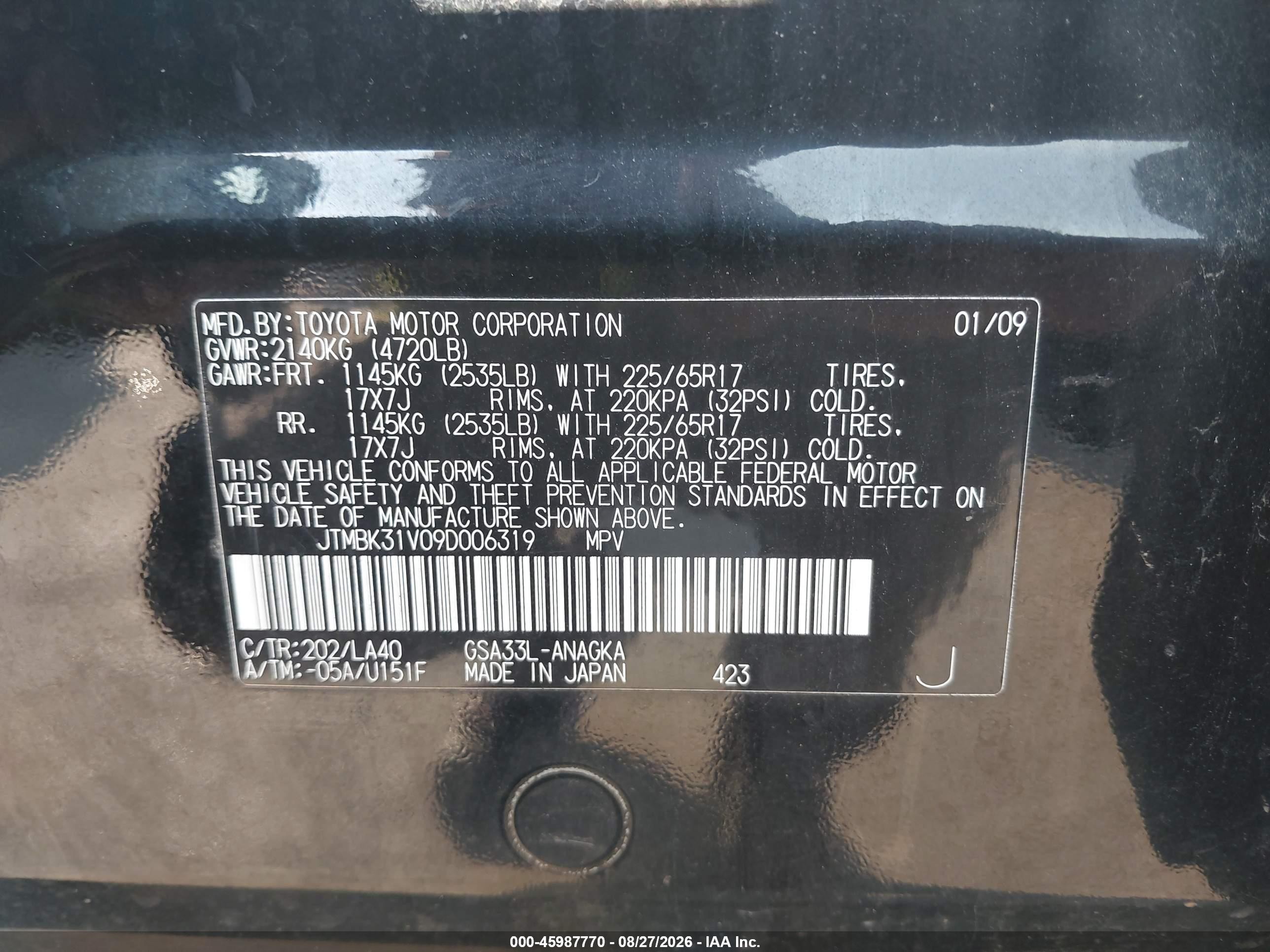 2009 Toyota Rav4 Limited V6 Black vin: JTMBK31V09D006319