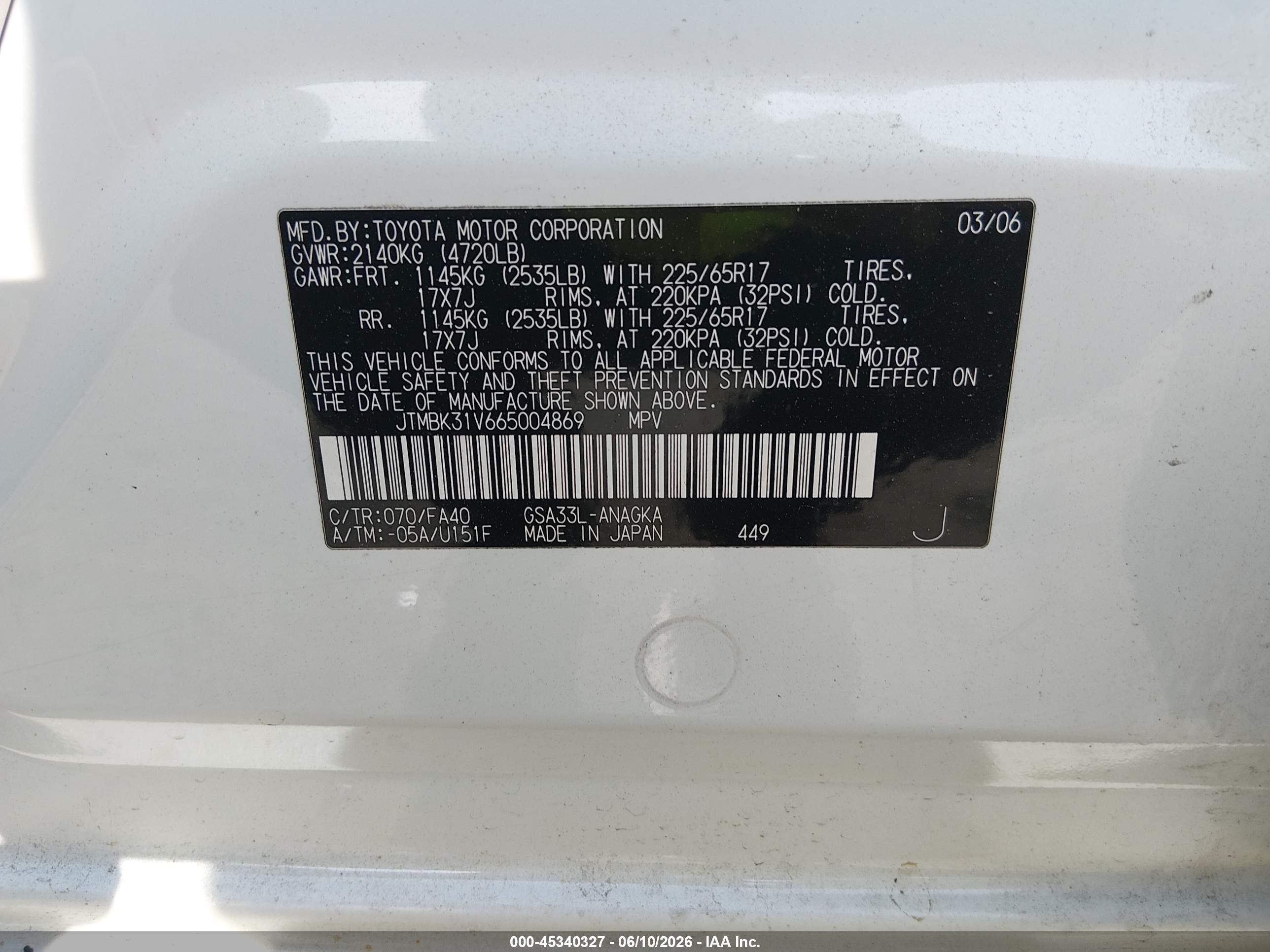 2006 Toyota Rav4 Limited V6 White vin: JTMBK31V665004869