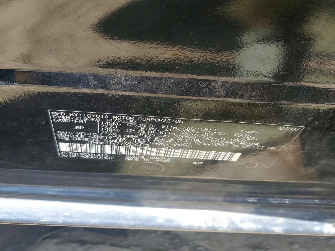 2007 Toyota Rav 4 Black vin: JTMBK31V776026472