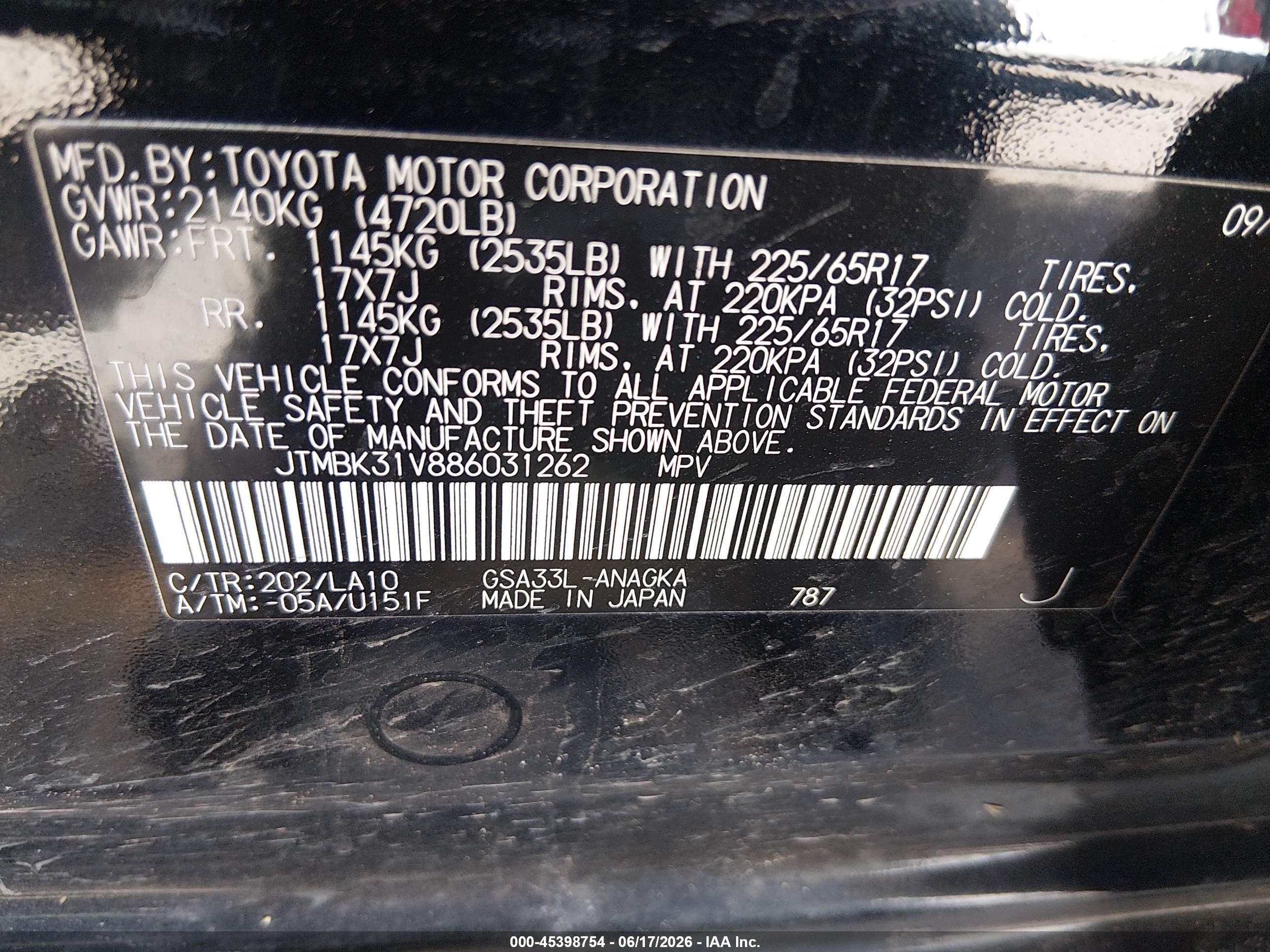2008 Toyota Rav4 Limited V6 Black vin: JTMBK31V886031262