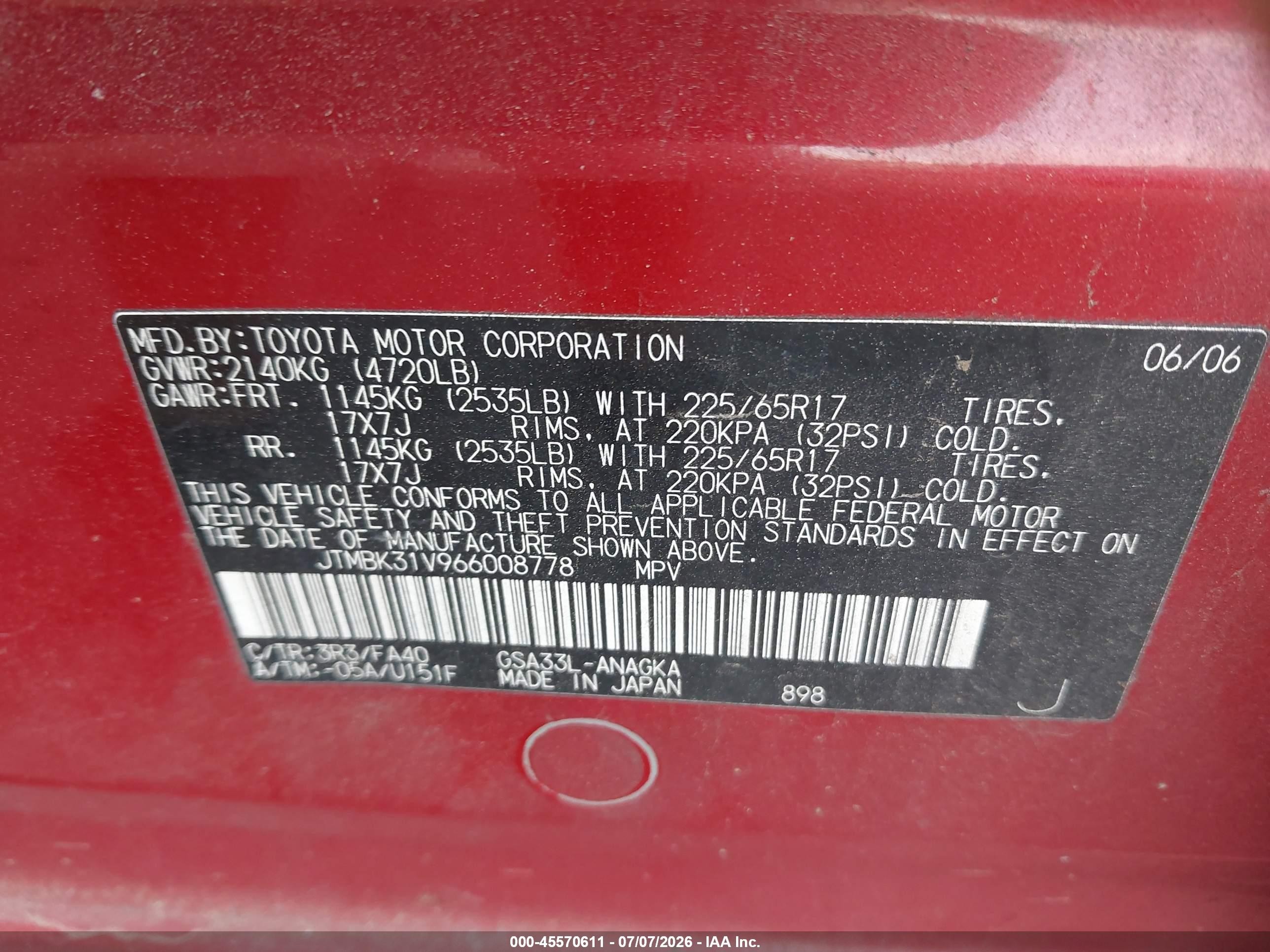2006 Toyota Rav4 Limited V6 Red vin: JTMBK31V966008778