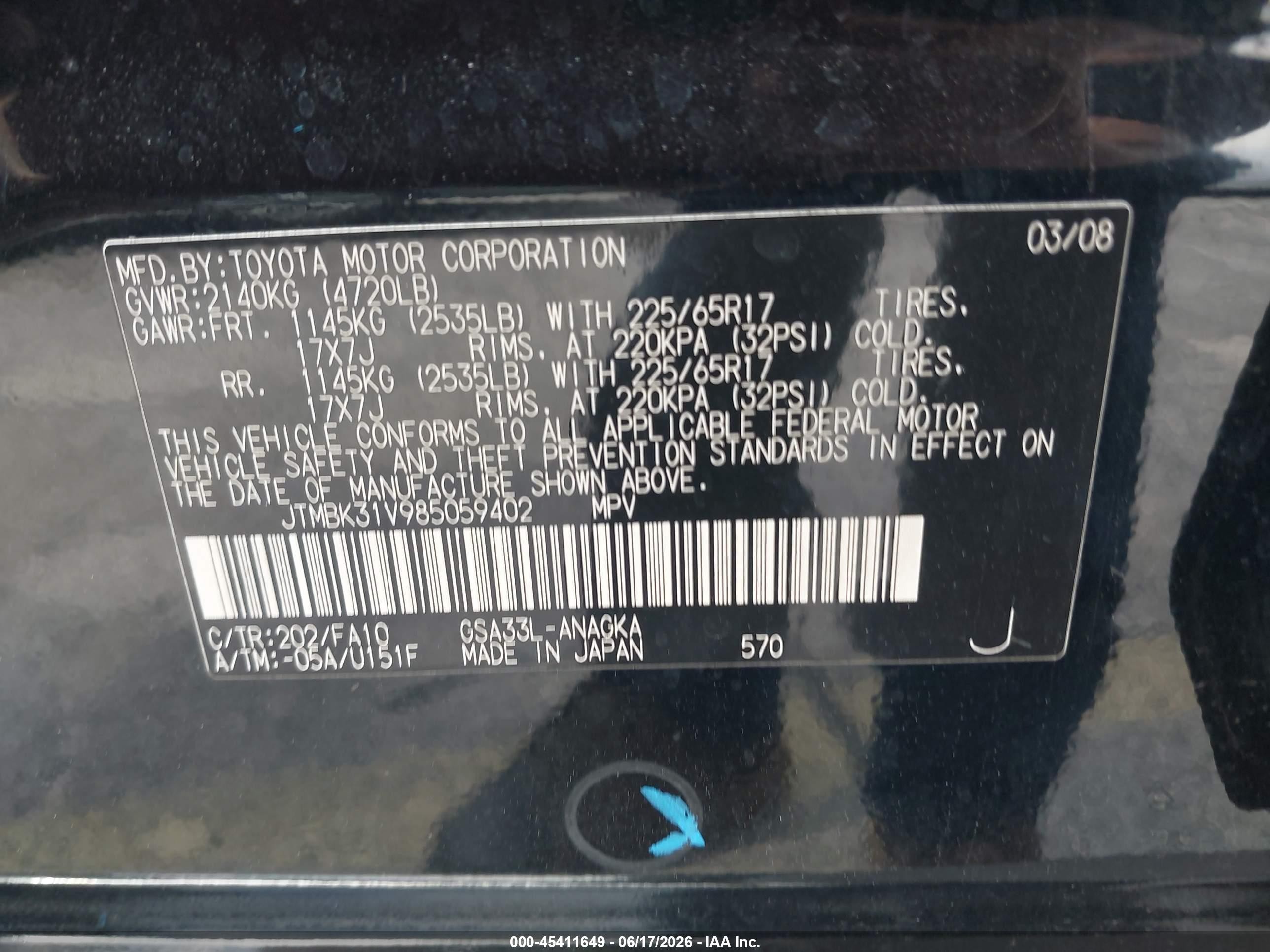 2008 Toyota Rav4 Limited V6 Black vin: JTMBK31V985059402