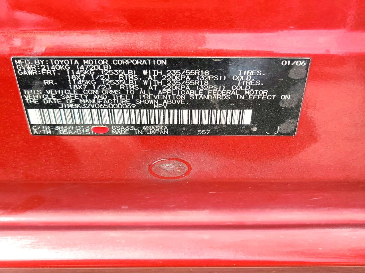 2006 Toyota Rav4 Sport Red vin: JTMBK32V065000069