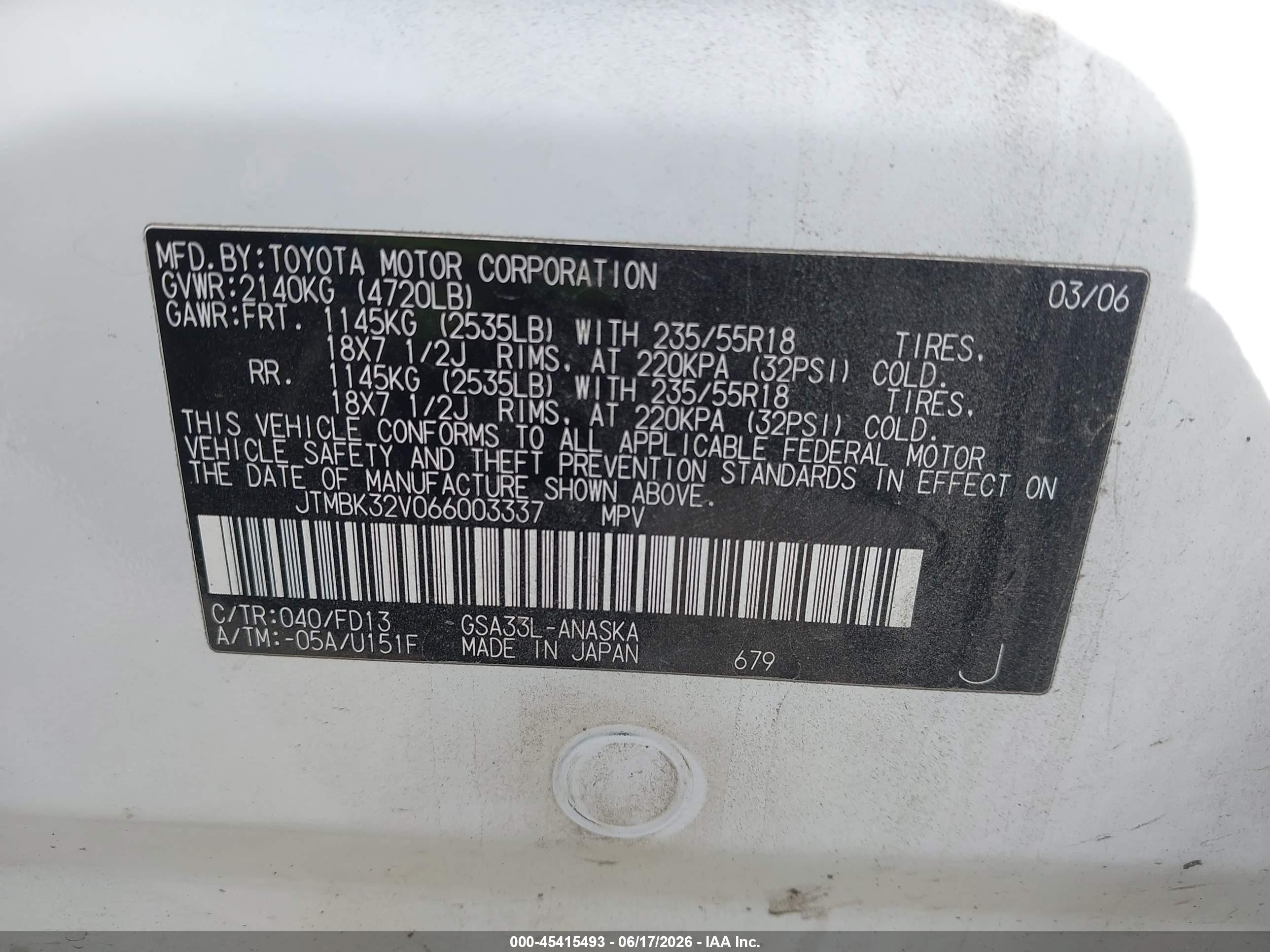 2006 Toyota Rav4 Sport V6 White vin: JTMBK32V066003337