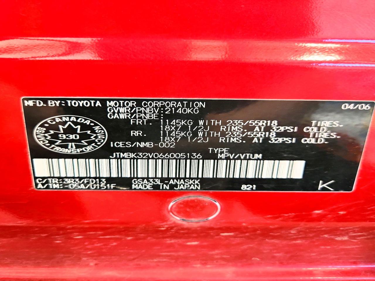 2006 Toyota Rav4 Sport Red vin: JTMBK32V066005136