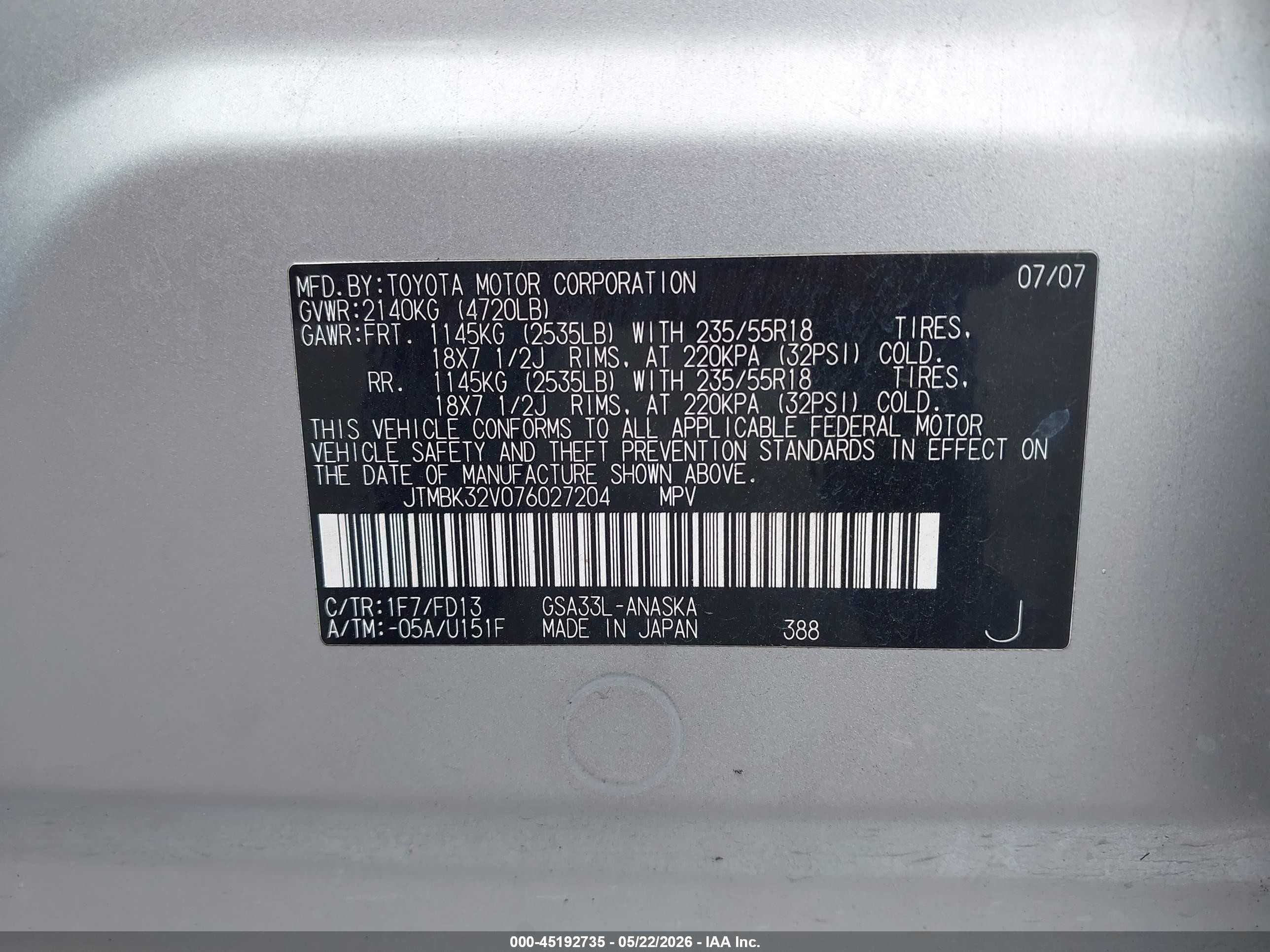2007 Toyota Rav4 Sport V6 Silver vin: JTMBK32V076027204