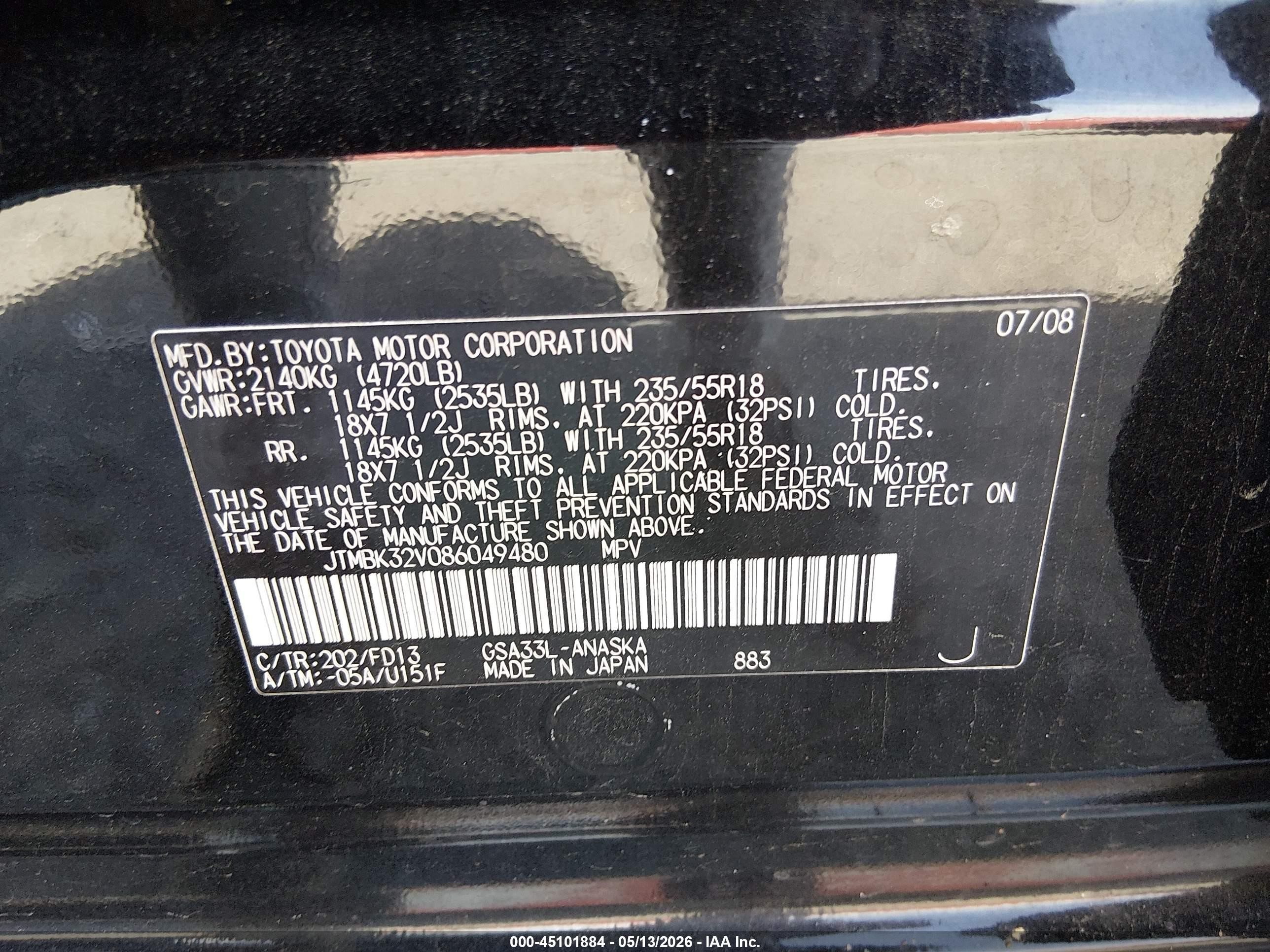 2008 Toyota Rav4 Sport V6 Black vin: JTMBK32V086049480
