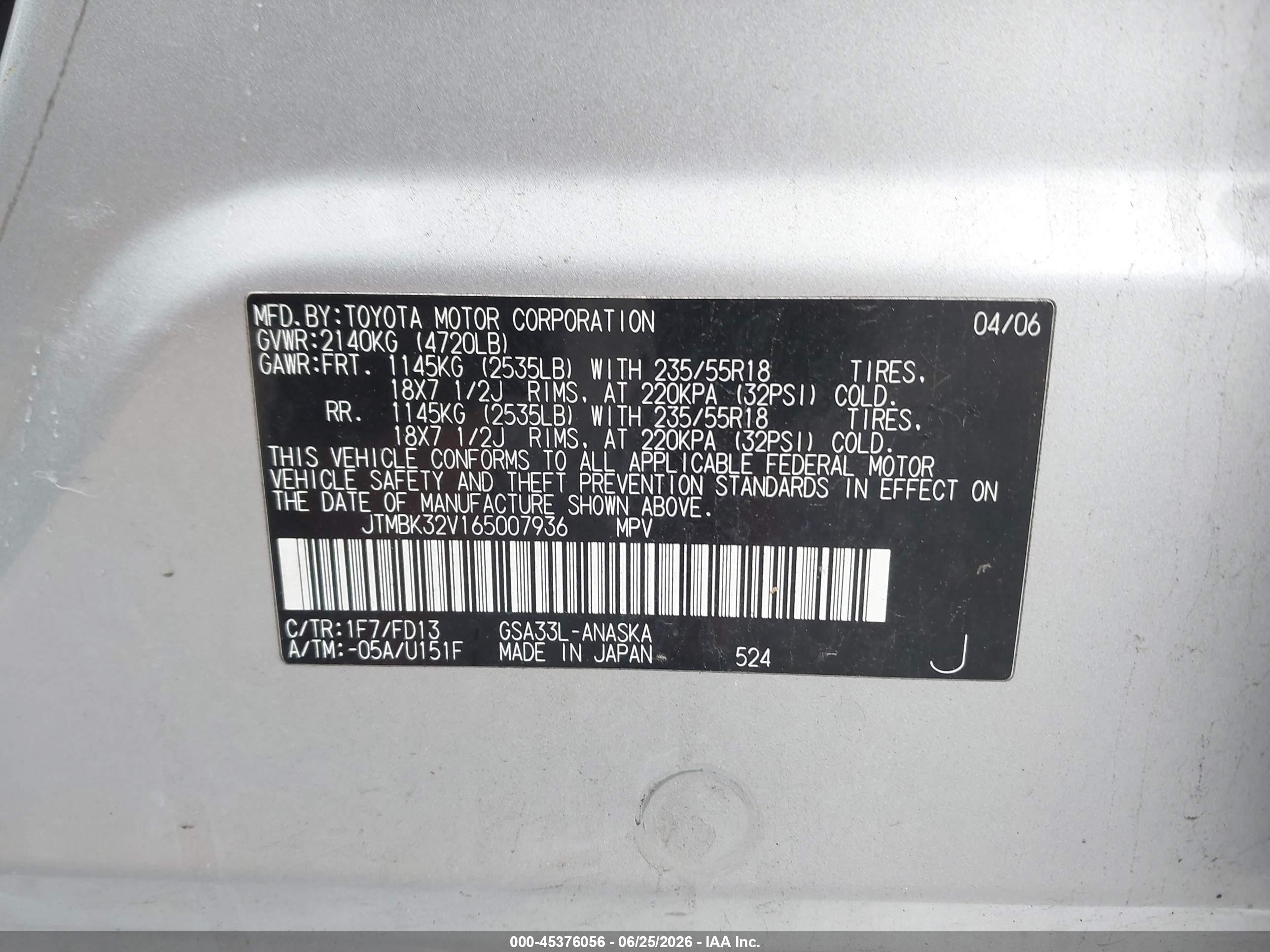 2006 Toyota Rav4 Sport V6 Silver vin: JTMBK32V165007936