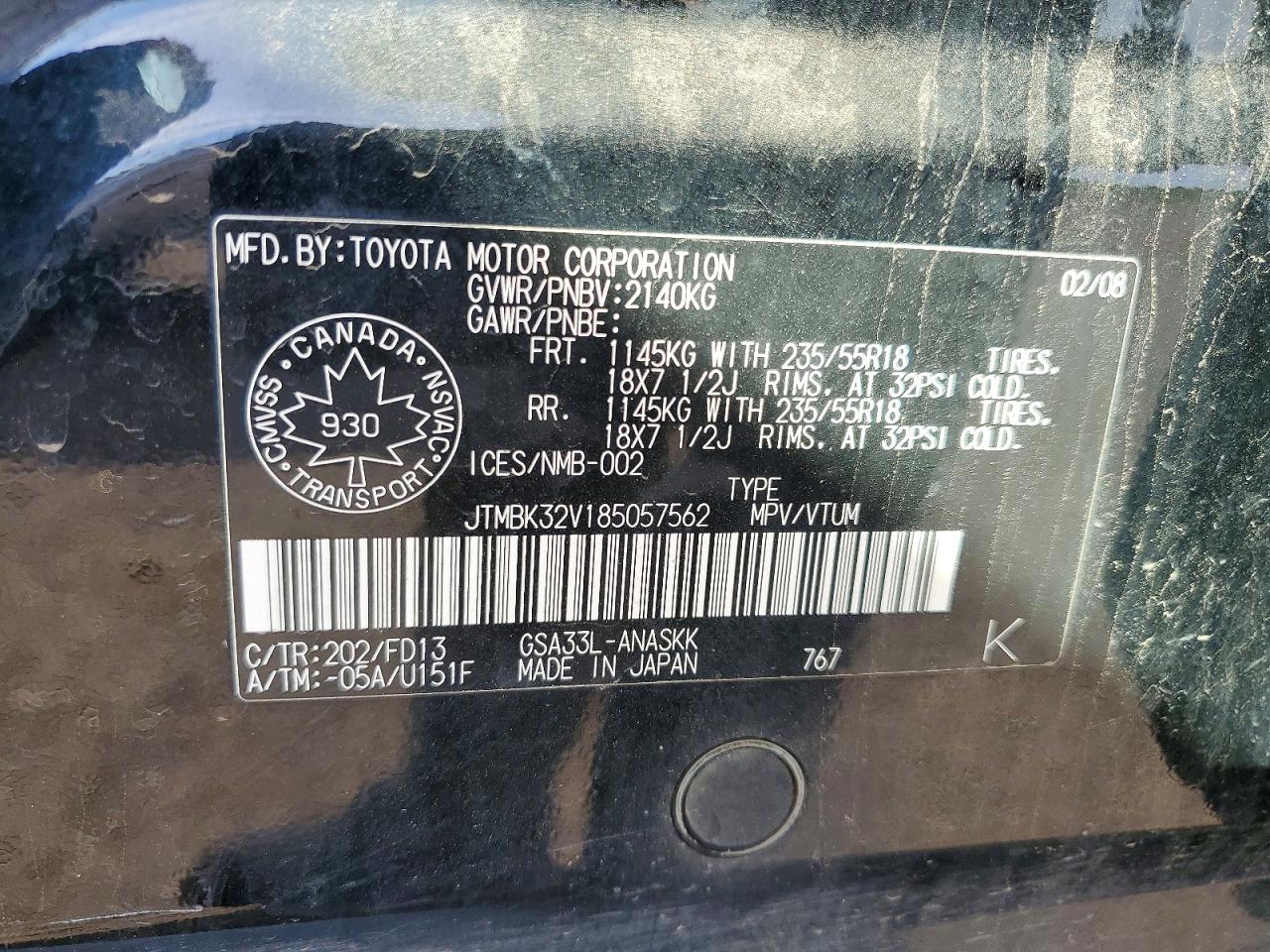 2008 Toyota Rav4 Sport Black vin: JTMBK32V185057562