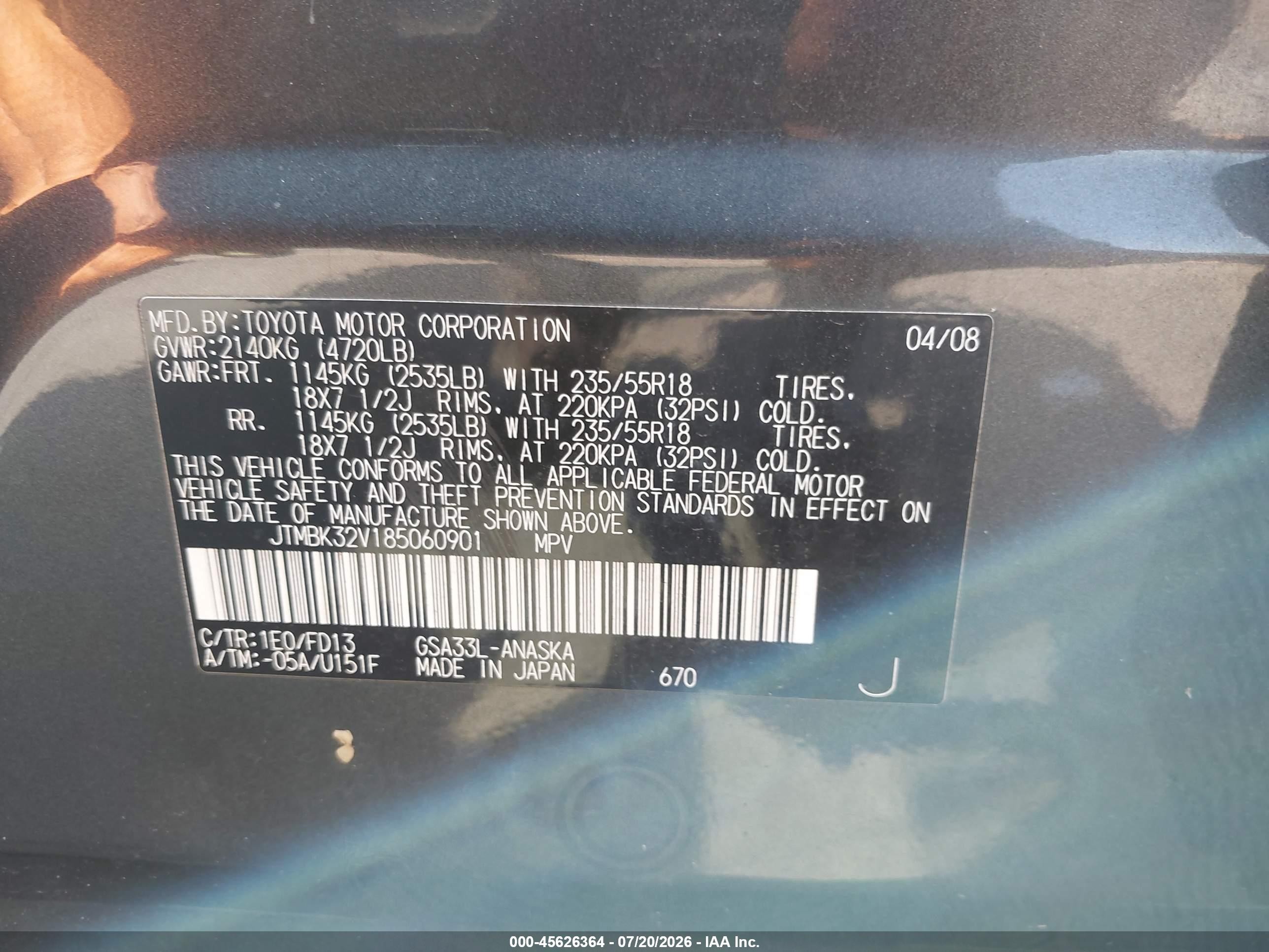 2008 Toyota Rav4 Sport V6 Серый vin: JTMBK32V185060901