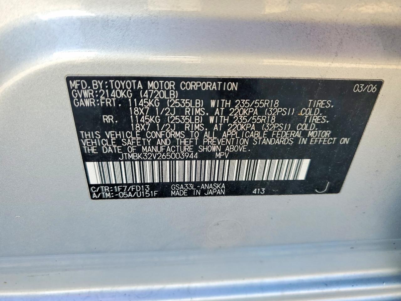 2006 Toyota Rav4 Sport Silver vin: JTMBK32V265003944
