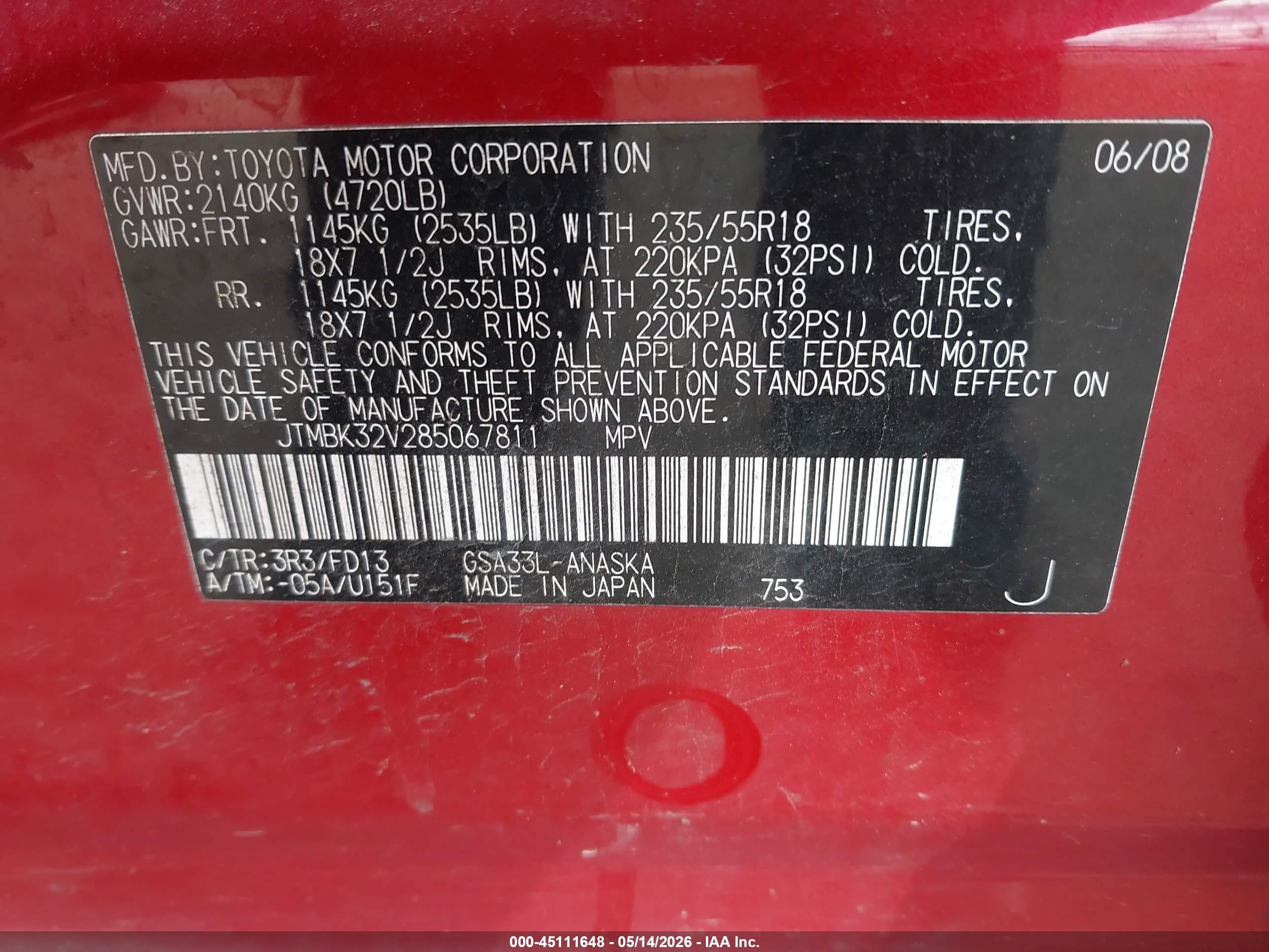 2008 Toyota Rav4 Sport V6 Red vin: JTMBK32V285067811