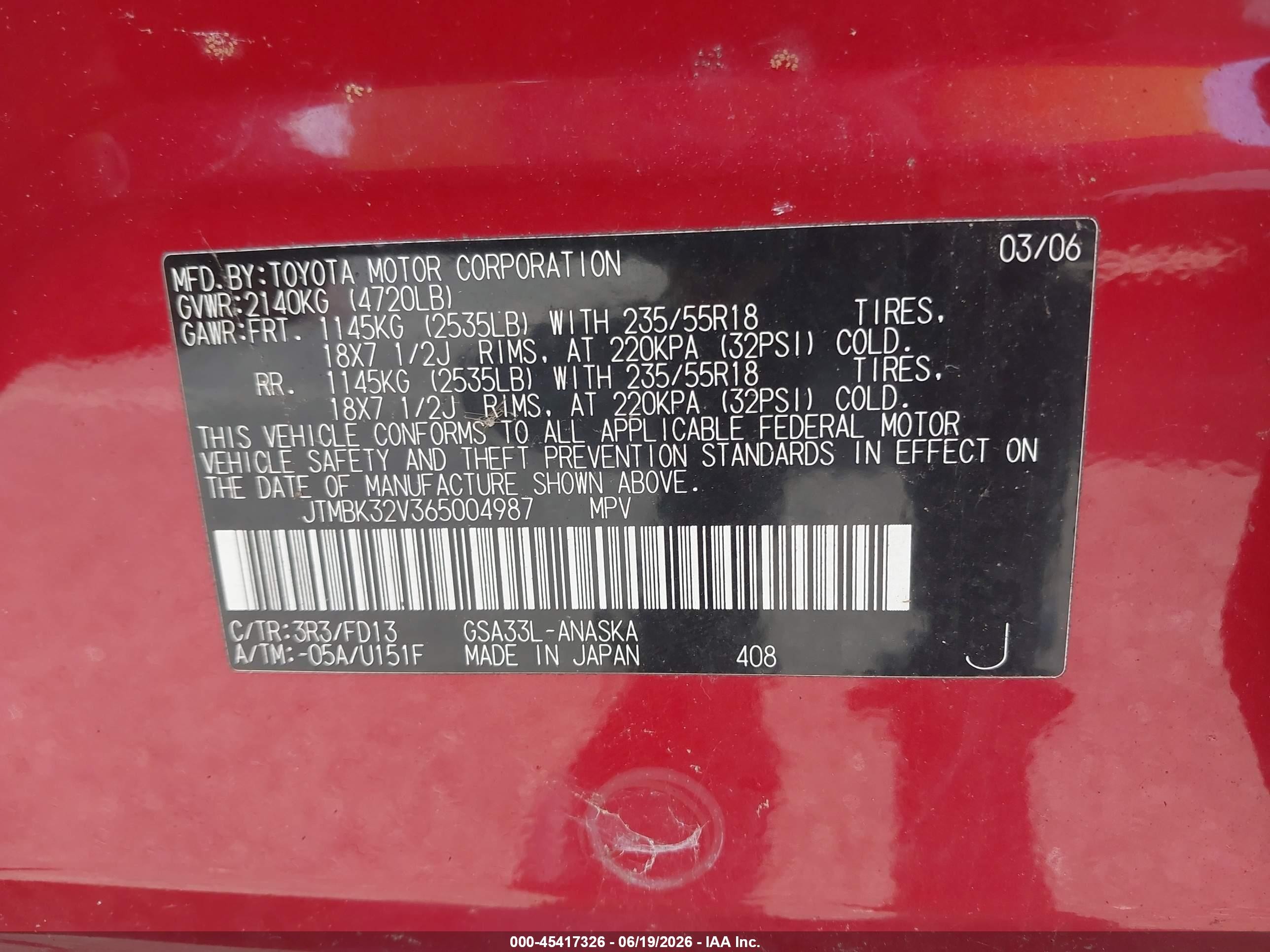2006 Toyota Rav4 Sport V6 Red vin: JTMBK32V365004987