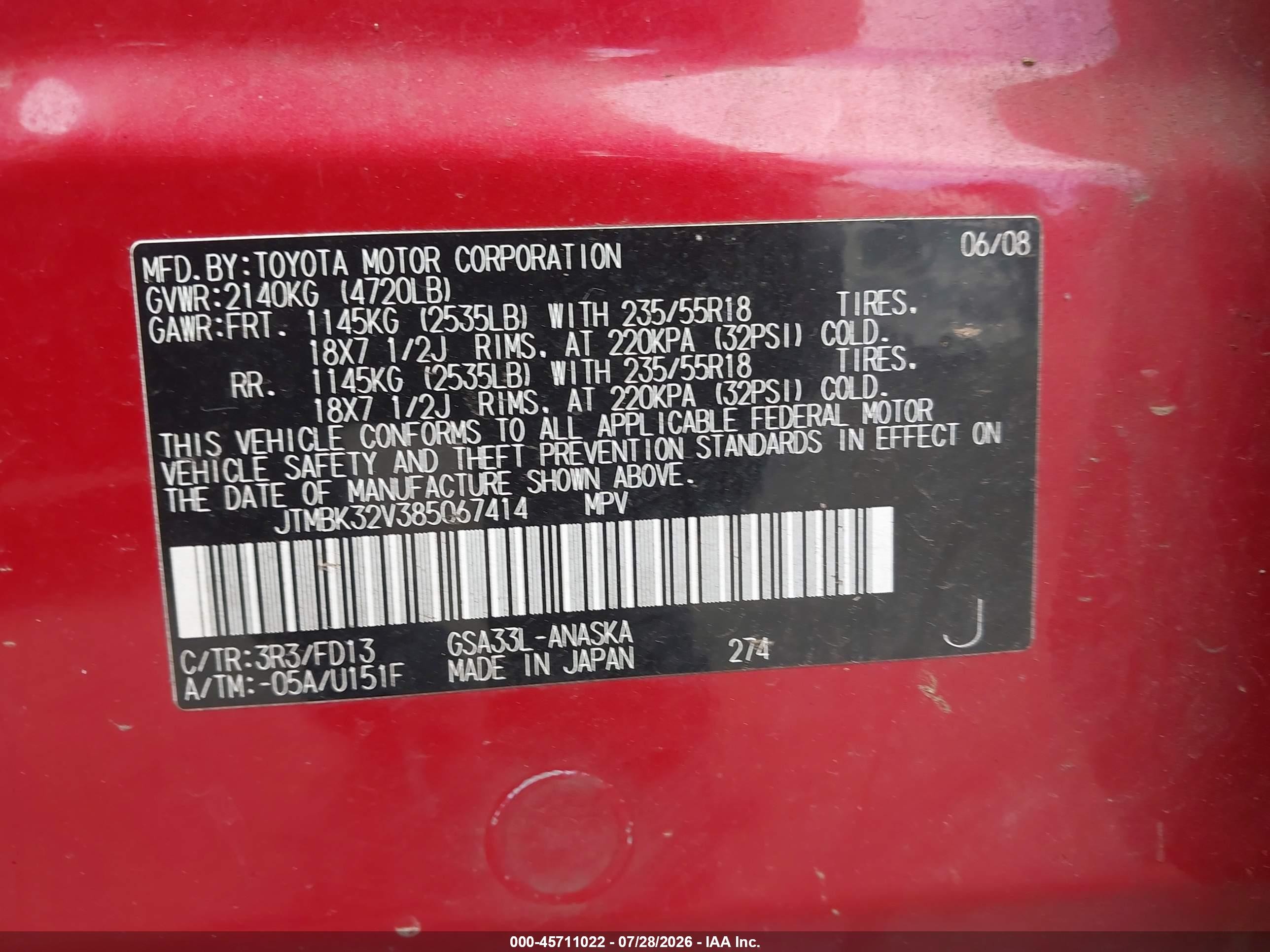 2008 Toyota Rav4 Sport V6 Красный vin: JTMBK32V385067414
