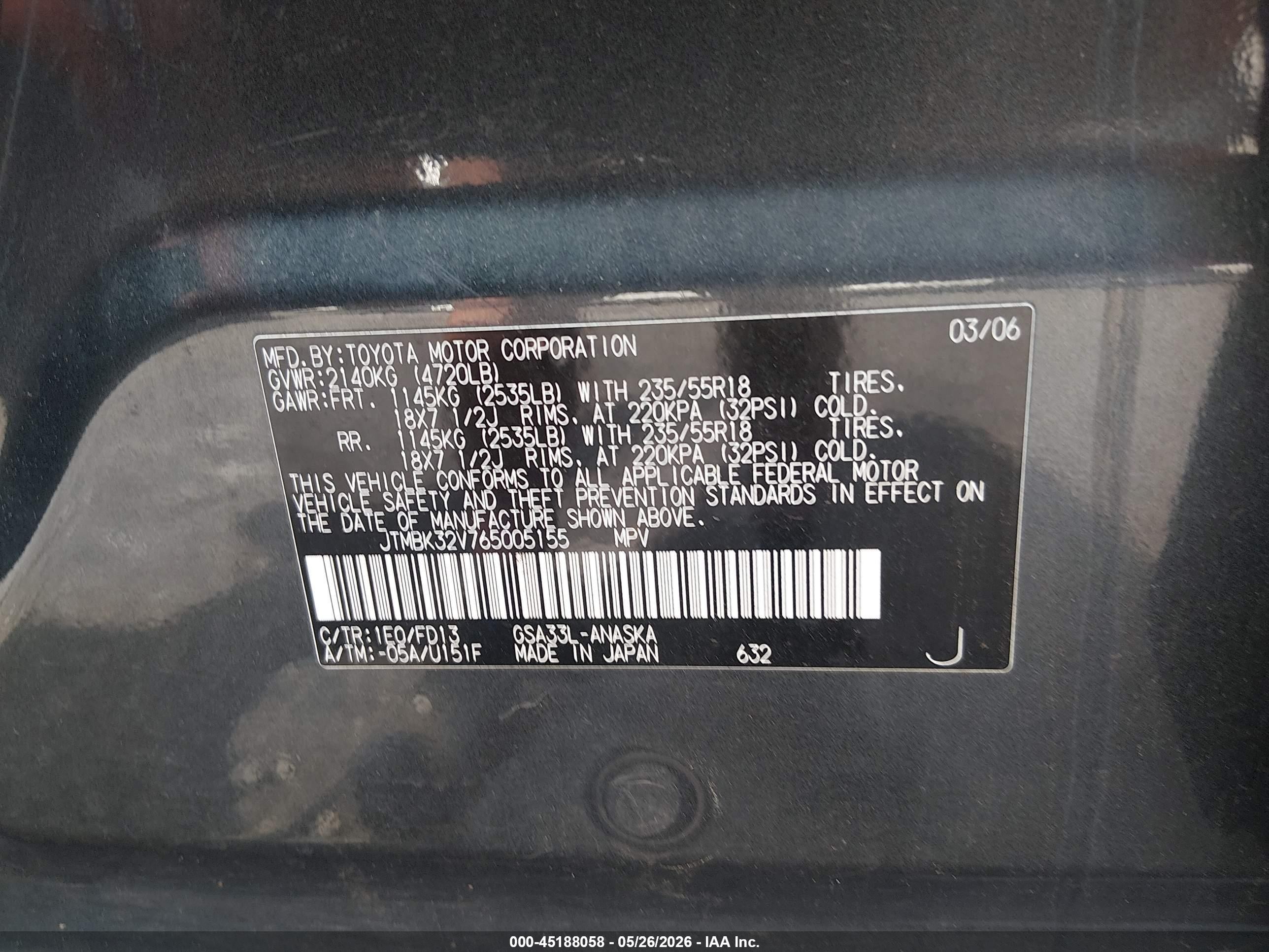 2006 Toyota Rav4 Sport V6 Dark Blue vin: JTMBK32V765005155