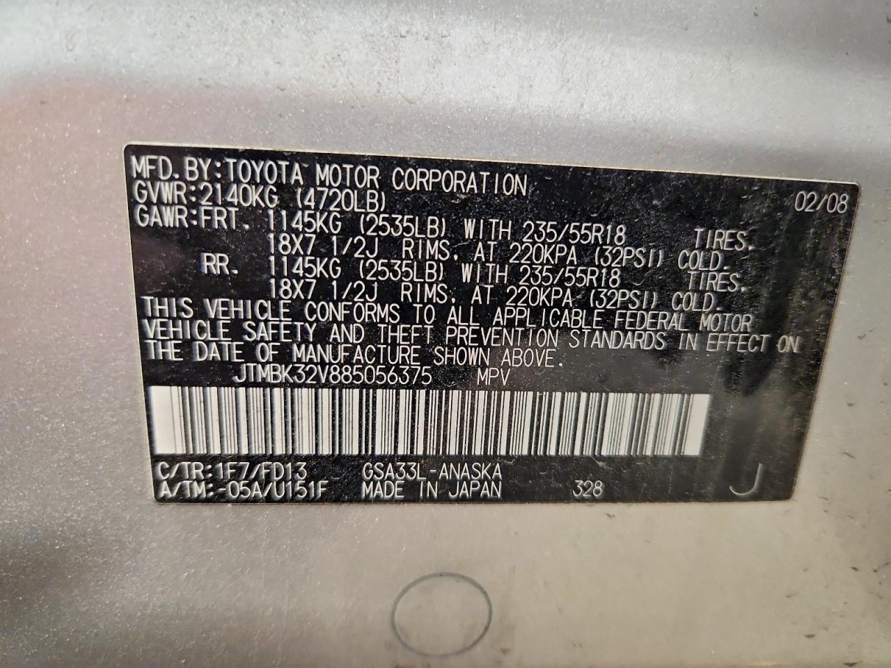 2008 Toyota Rav4 Sport Silver vin: JTMBK32V885056375