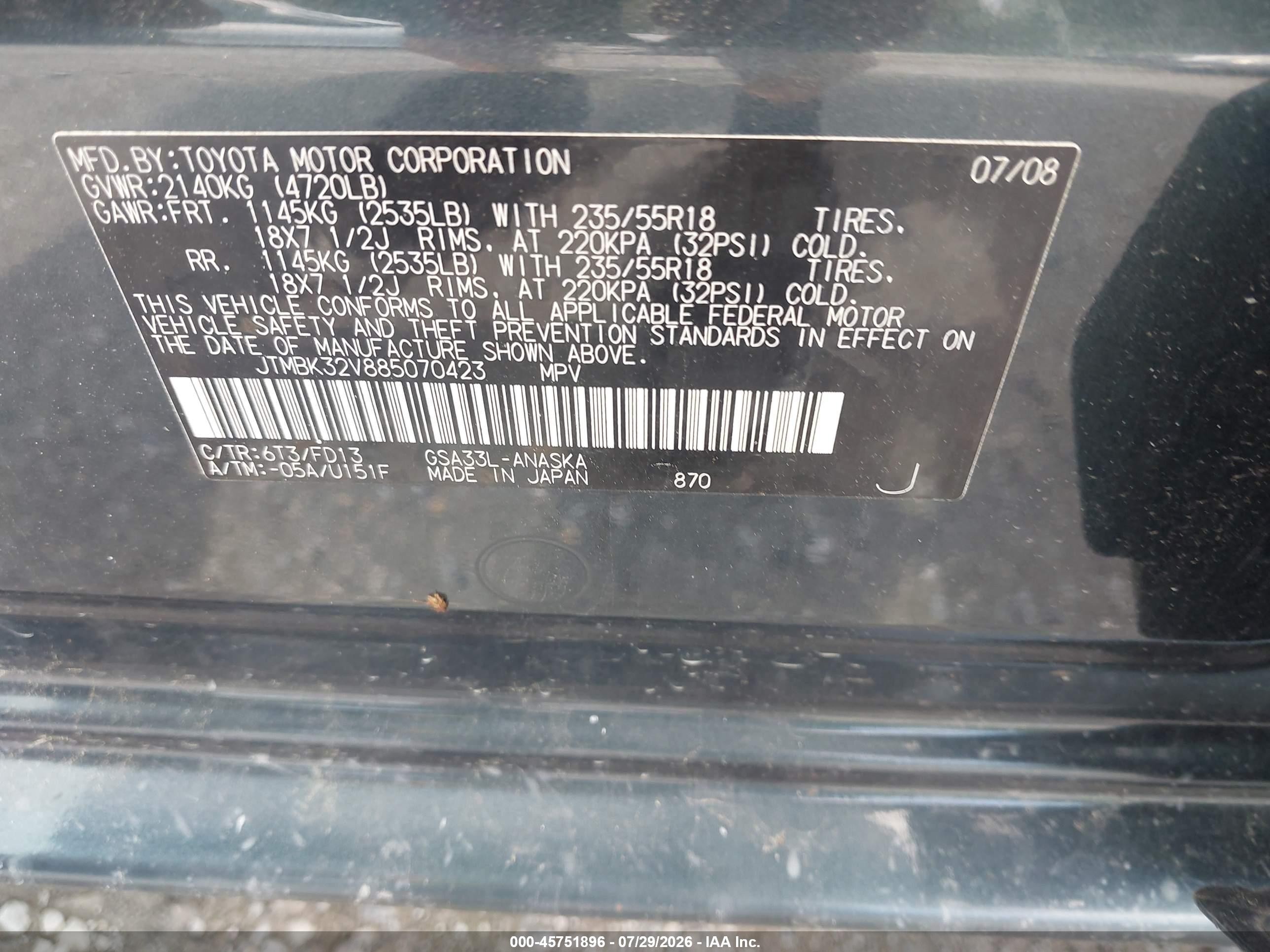 2008 Toyota Rav4 Sport V6 Black vin: JTMBK32V885070423