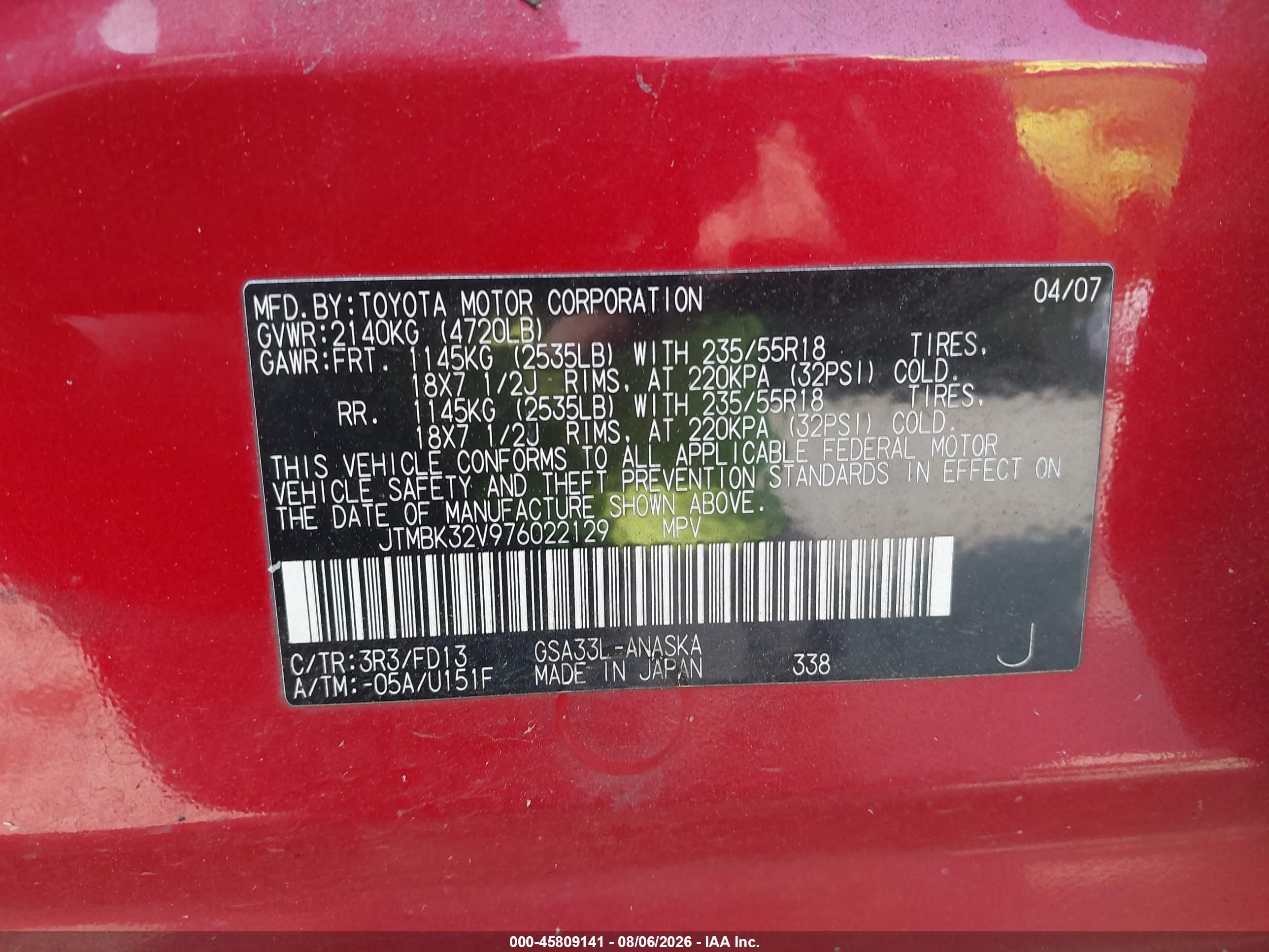 2007 Toyota Rav4 Sport Red vin: JTMBK32V976022129