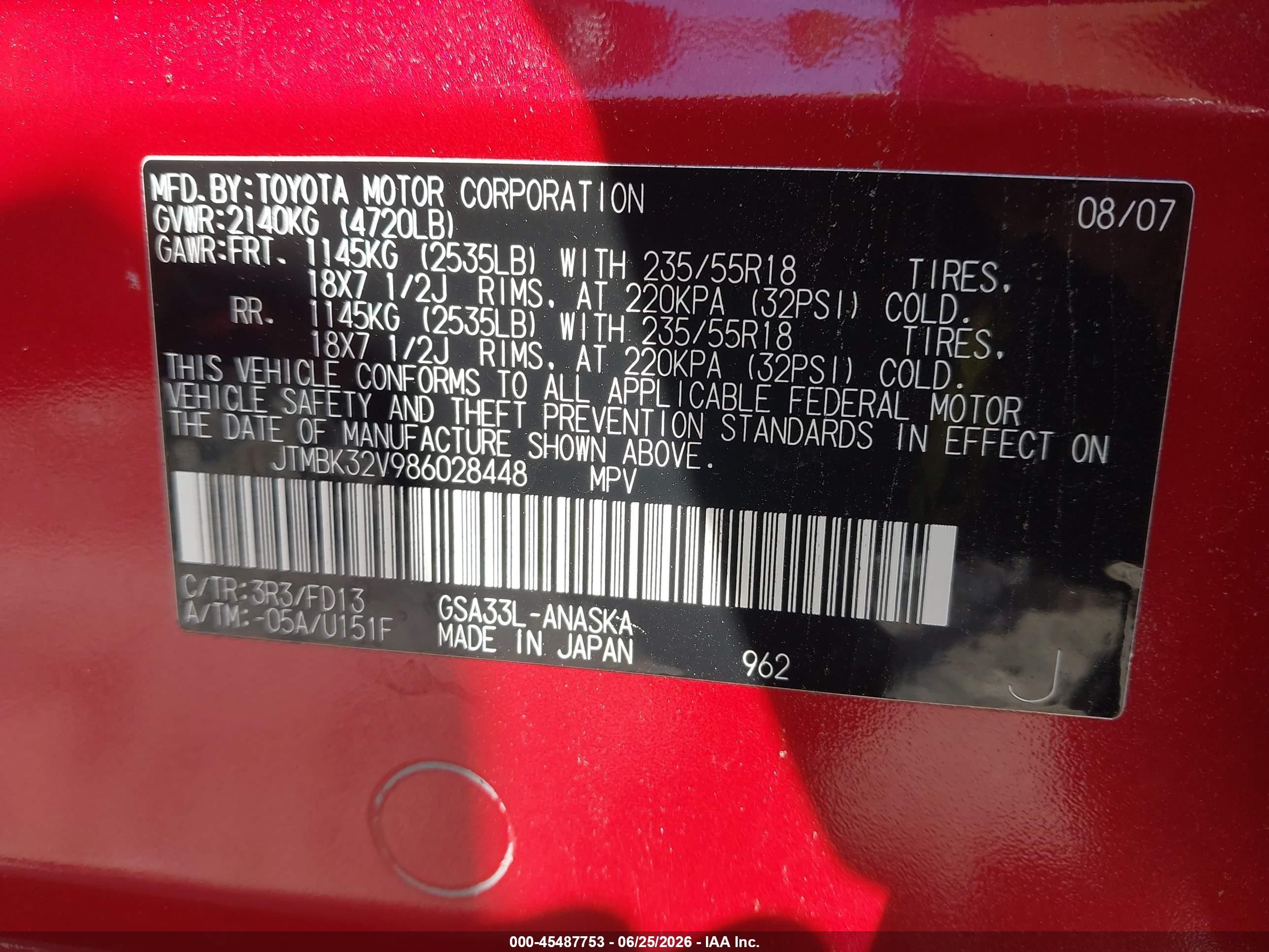2008 Toyota Rav4 Sport V6 Red vin: JTMBK32V986028448