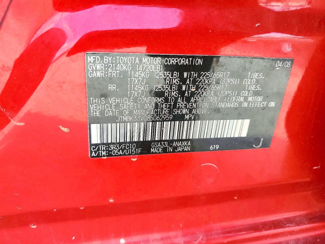 2008 Toyota Rav4 Base Red vin: JTMBK33V085062959