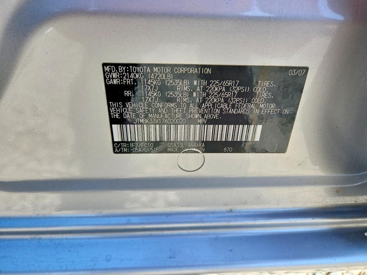 2007 Toyota Rav4 Base Silver vin: JTMBK33V176020020