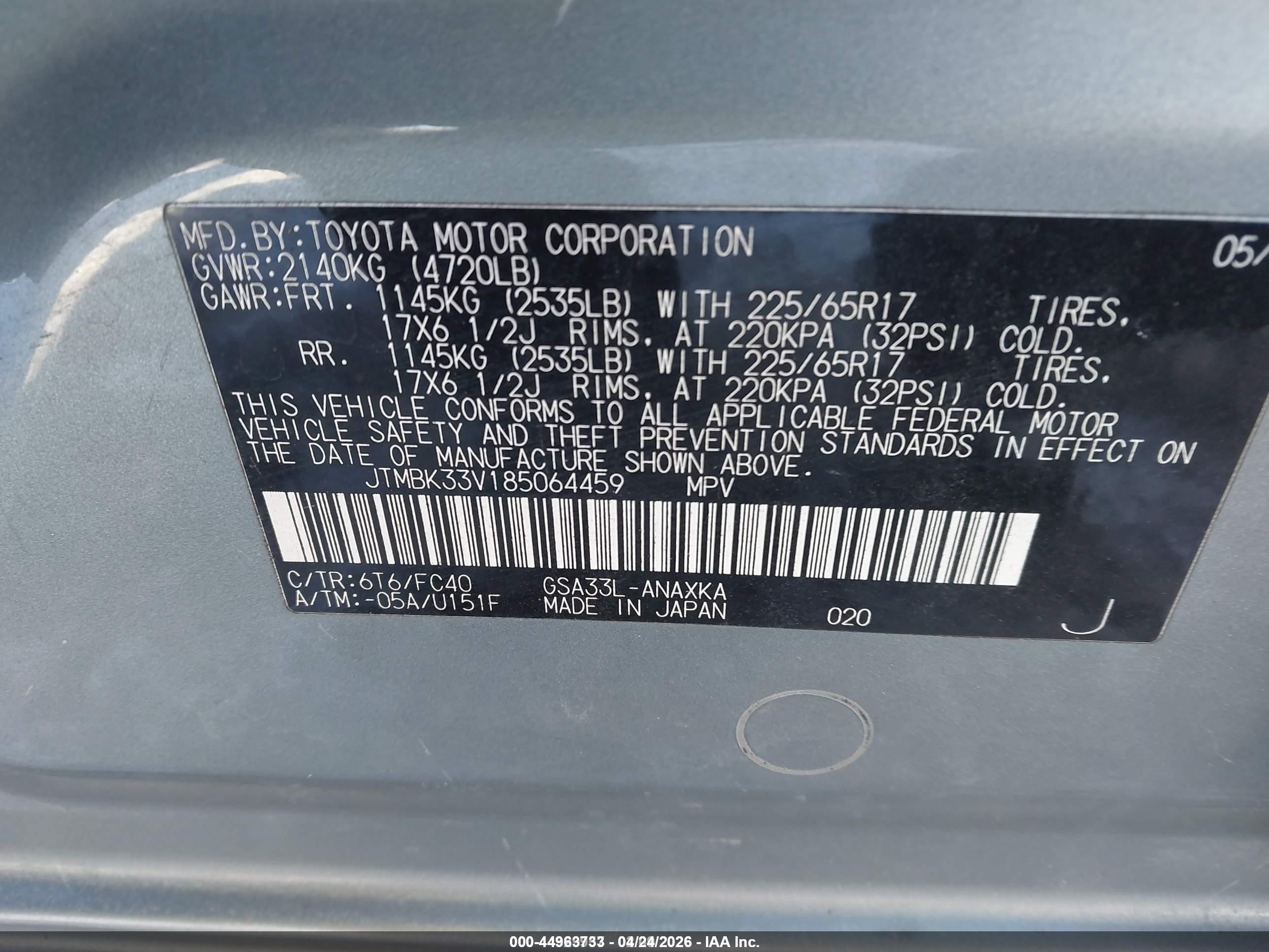2008 Toyota Rav4 Base V6 Green vin: JTMBK33V185064459