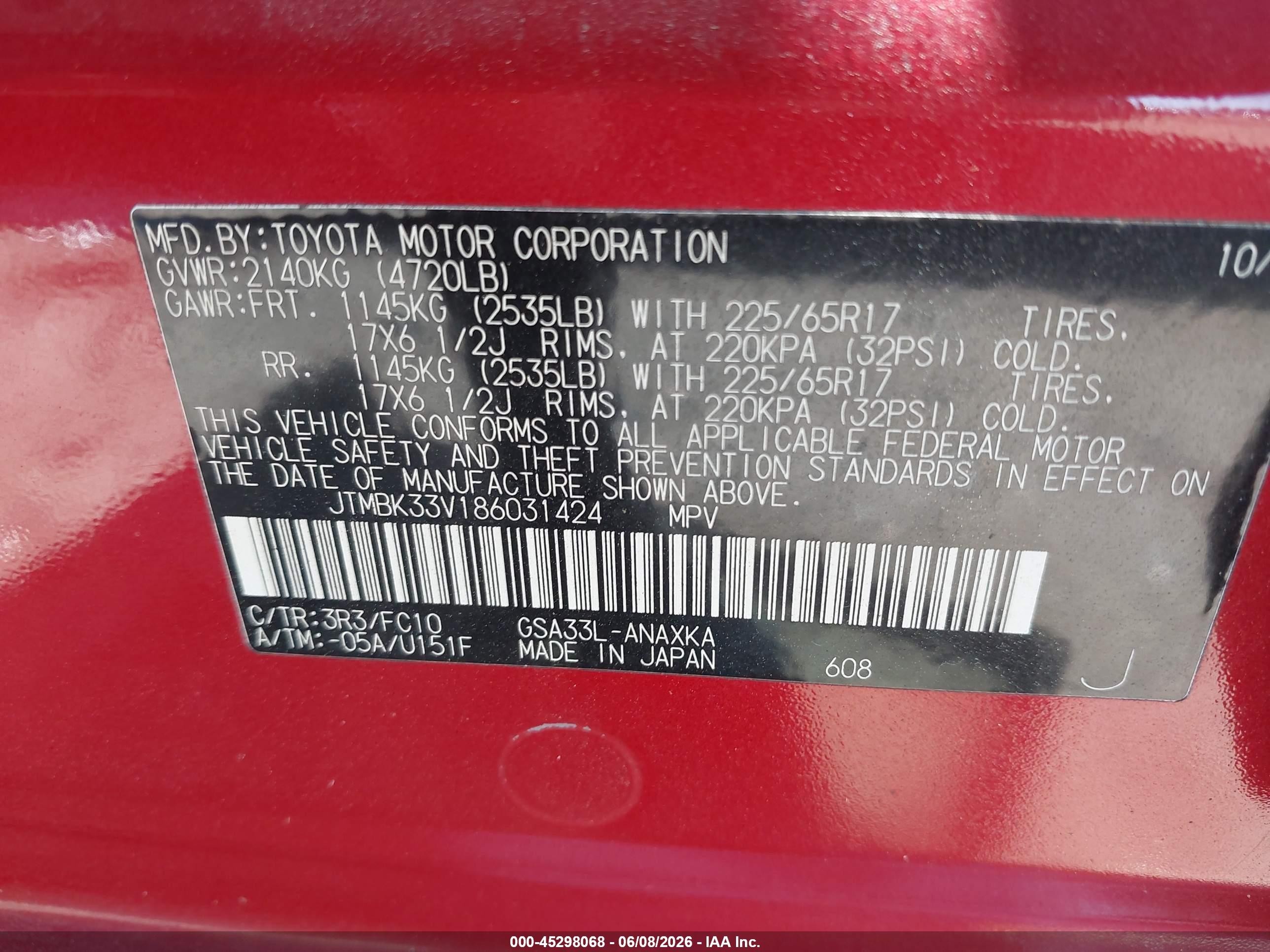 2008 Toyota Rav4 Base V6 Red vin: JTMBK33V186031424