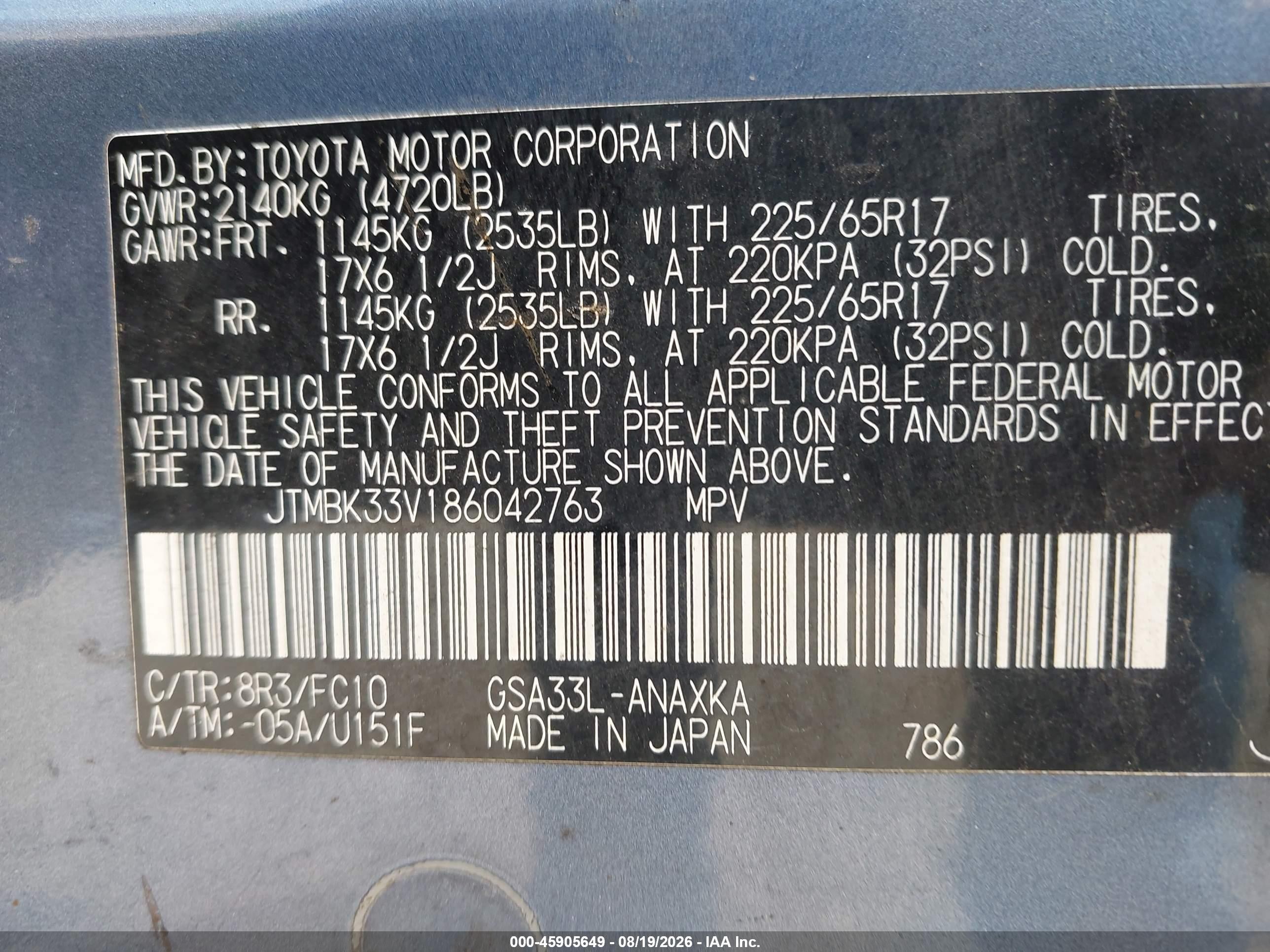 2008 Toyota Rav4 Base V6 Blue vin: JTMBK33V186042763